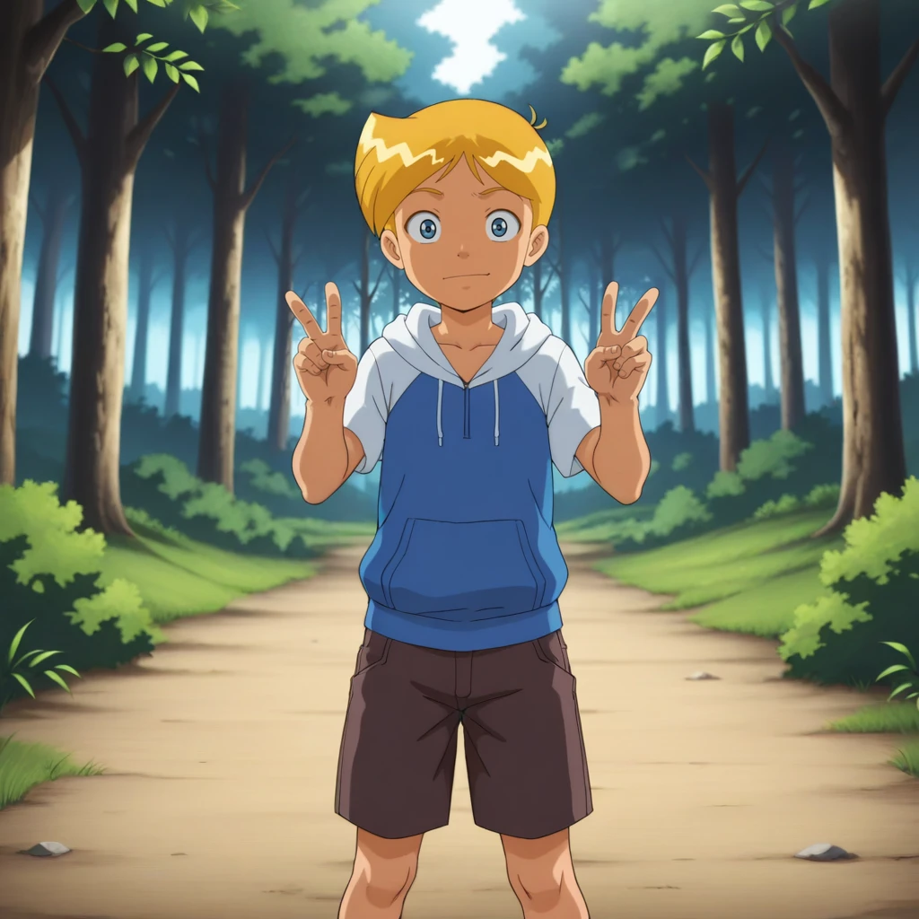 masterpiece, best quality, Norman, 1boy, solo, short hair, blonde hair, blue eyes, hoodie, shorts, forest, <lora:Norman_TotallySpies_illustrious_Leaf1:1>, anime screenshot, looking at viewer, double v,