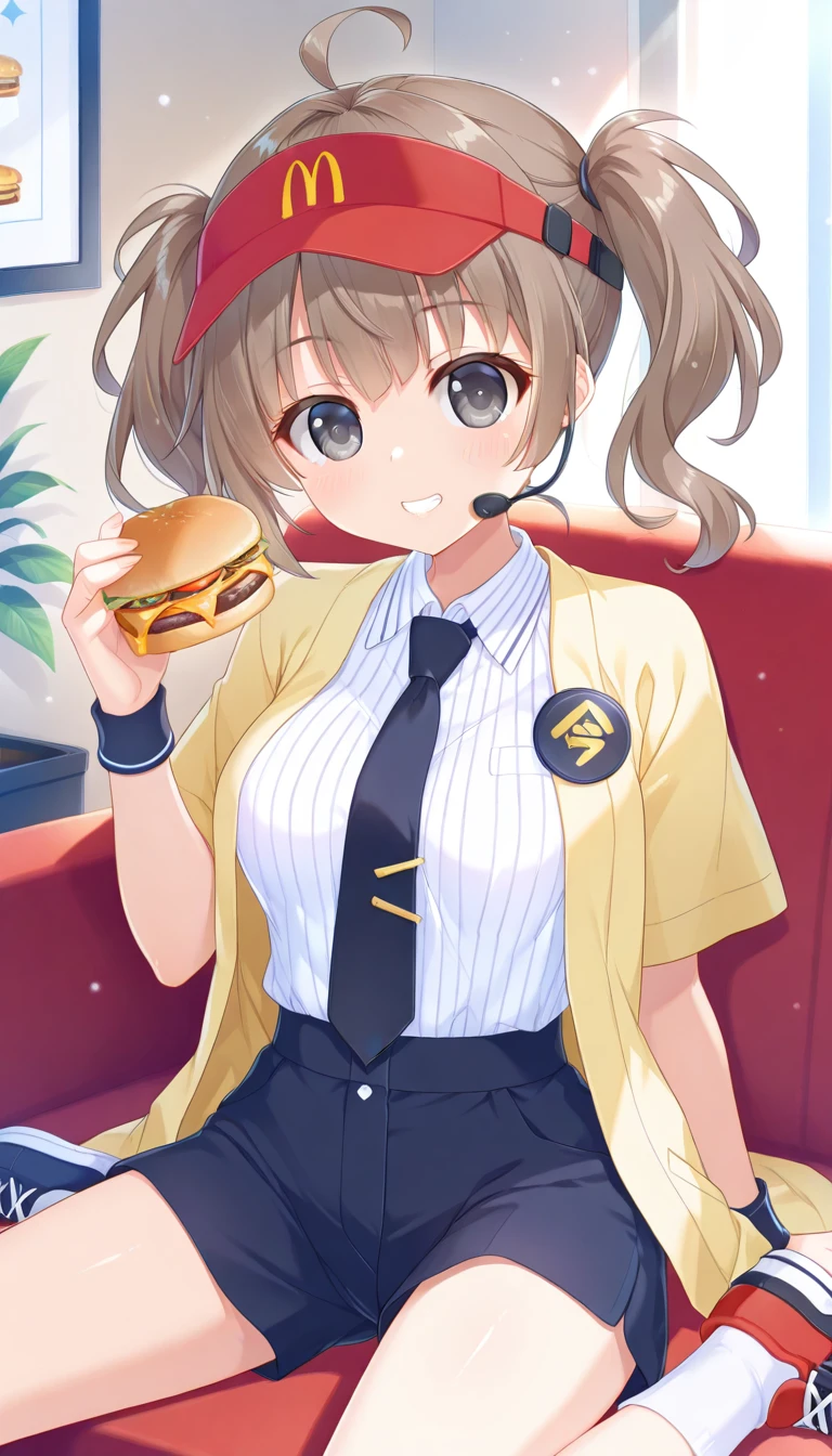 (masterpiece),best quality,amazing quality,very aesthetic,absurdres,newest,perfect body,shiny skin,perfect eyes,detail1eye,well-defined fingers,well-defined fingernails,anime style,indoors,1girl,solo,upper body,(portrait:1.5),looking at viewer,facing viewer,smile,blush,Ameto Yuki style,Double Cheese,ahoge,headset,visor cap,red headwear,long hair,brown hair,short twintails,blunt bangs,black eyes,employee uniform,yellow jacket,open jacket,black necktie,collared shirt,white shirt,vertical-striped shirt,badge,short sleeves,wristband,holding food,hamburger,medium breasts,shirt tucked in,black shorts,short shorts,thighs,white socks,sneakers,<lora:Double Cheese(mcdonald's)-Illus:1.6>,<lora:Ameto Yuki[style]-Illus:1.6>,