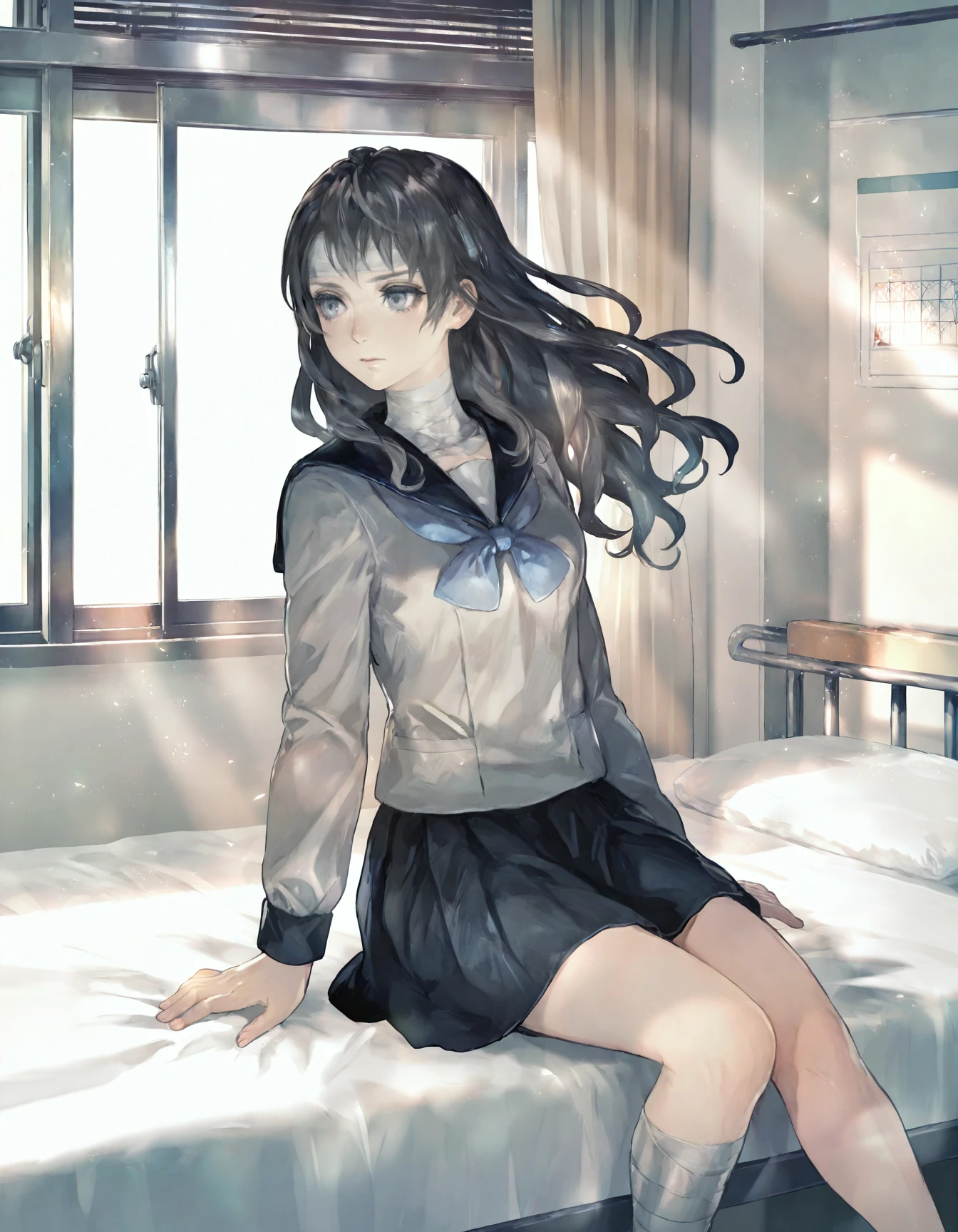 shinonome ryouko \(juusan kihei bouei ken\),juusan kihei bouei ken,solo,
1girl,
masterpiece,best quality,highres,
black hair,long hair,grey eyes,bandages,bandaged head,school uniform,sitting,on bed,infirmary,looking away,window