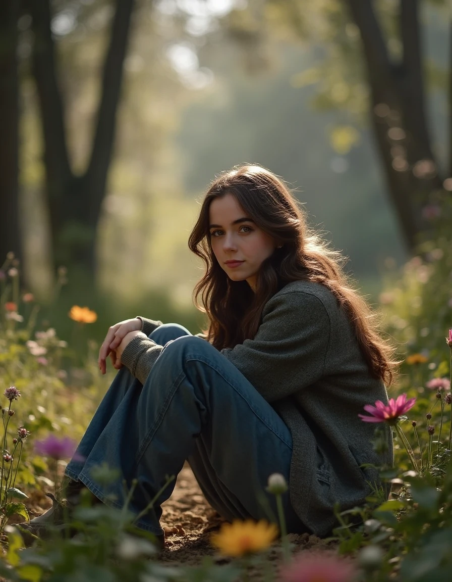 a beautiful 30 year old woman with brown hair. Sit on the floor with legs extended and slightly apart, leaning forward with one hand on the ground., an ancient forest, with towering trees, blooming flowers, tranquil light, serene atmosphere,<lora:sarah-desjardins-V2:1> s_desjardins,