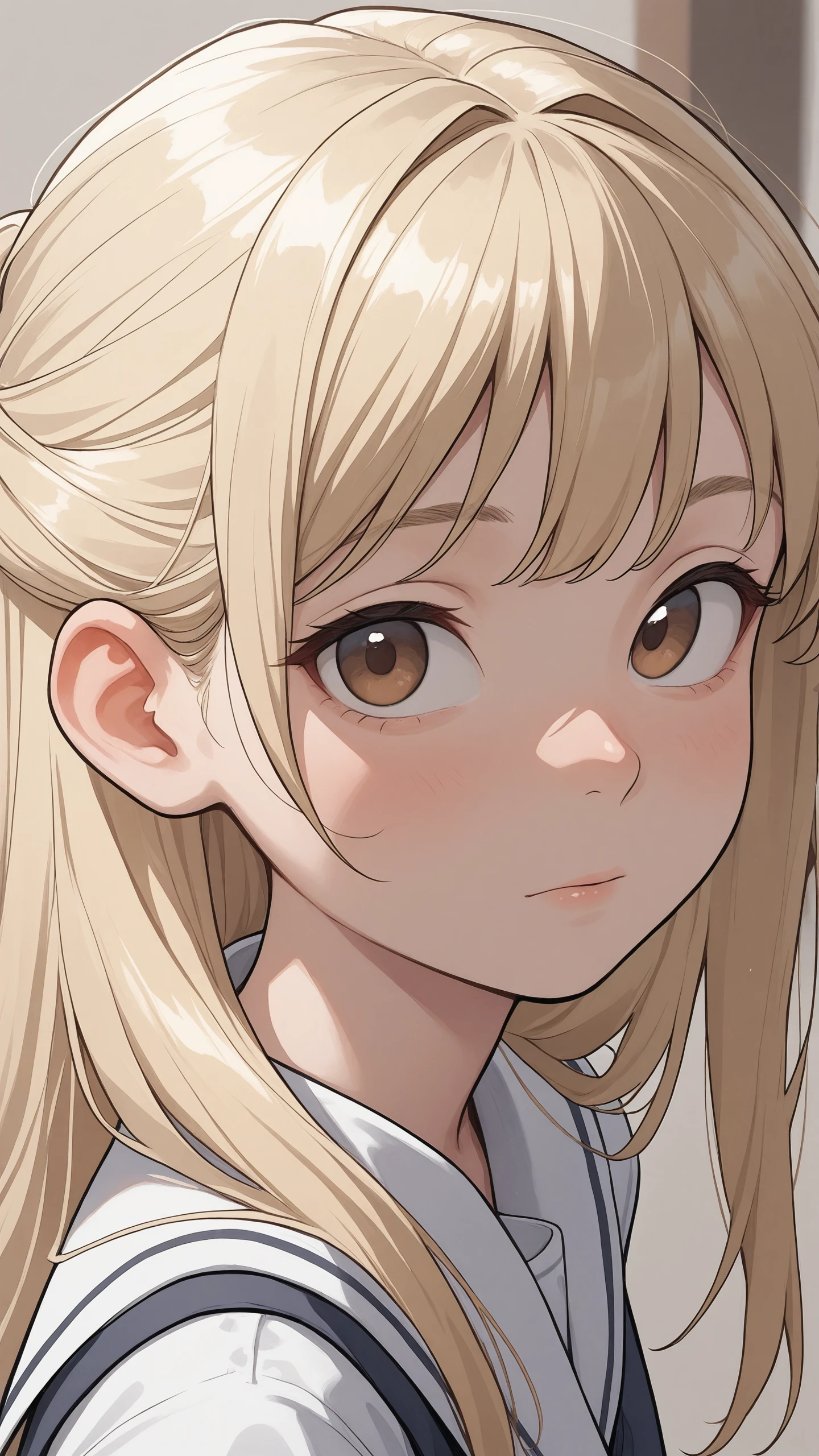 masterpiece,best quality,amazing quality,very aesthetic,absurdres,newest,detailed eyes, 
1girl, face, portrait, looking at viewer, 
brown eyes, blonde, half updo hair,  
face focus, upper body view, dynamic angle,
