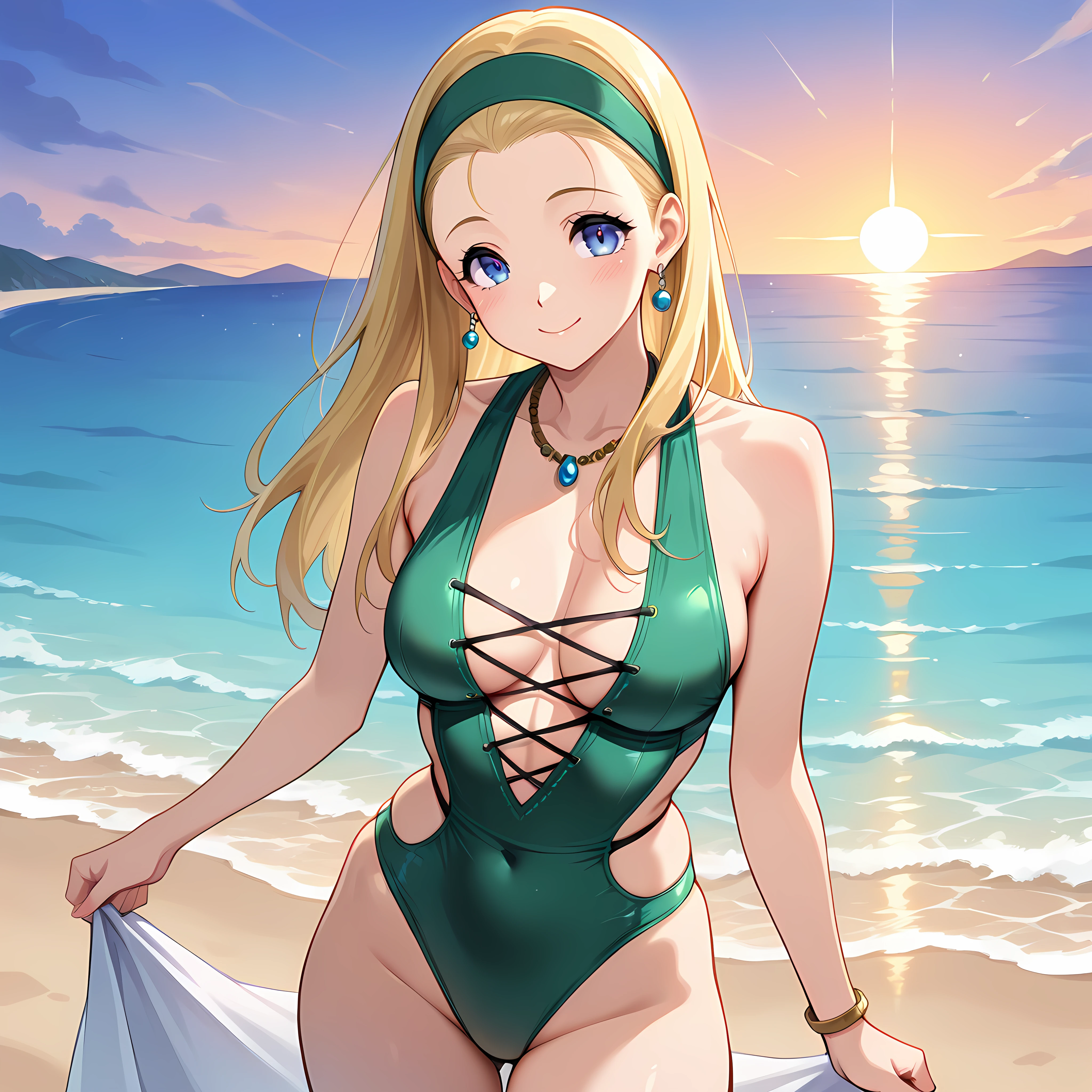 anime girl in green bikini standing on the beach with her back turned, green swimsuit wear, swimsuit wear, at beach, is weaAlsog a swimsuit wear, change, , swimsuit wear, at beach, green bikini, ( ( stop four # ) ), wet swimsuit wear, by Kentaro Miura, seductive anime girl, em uma praia, Also, sexy girl, sensuous, sorriso sensuous, charming smile