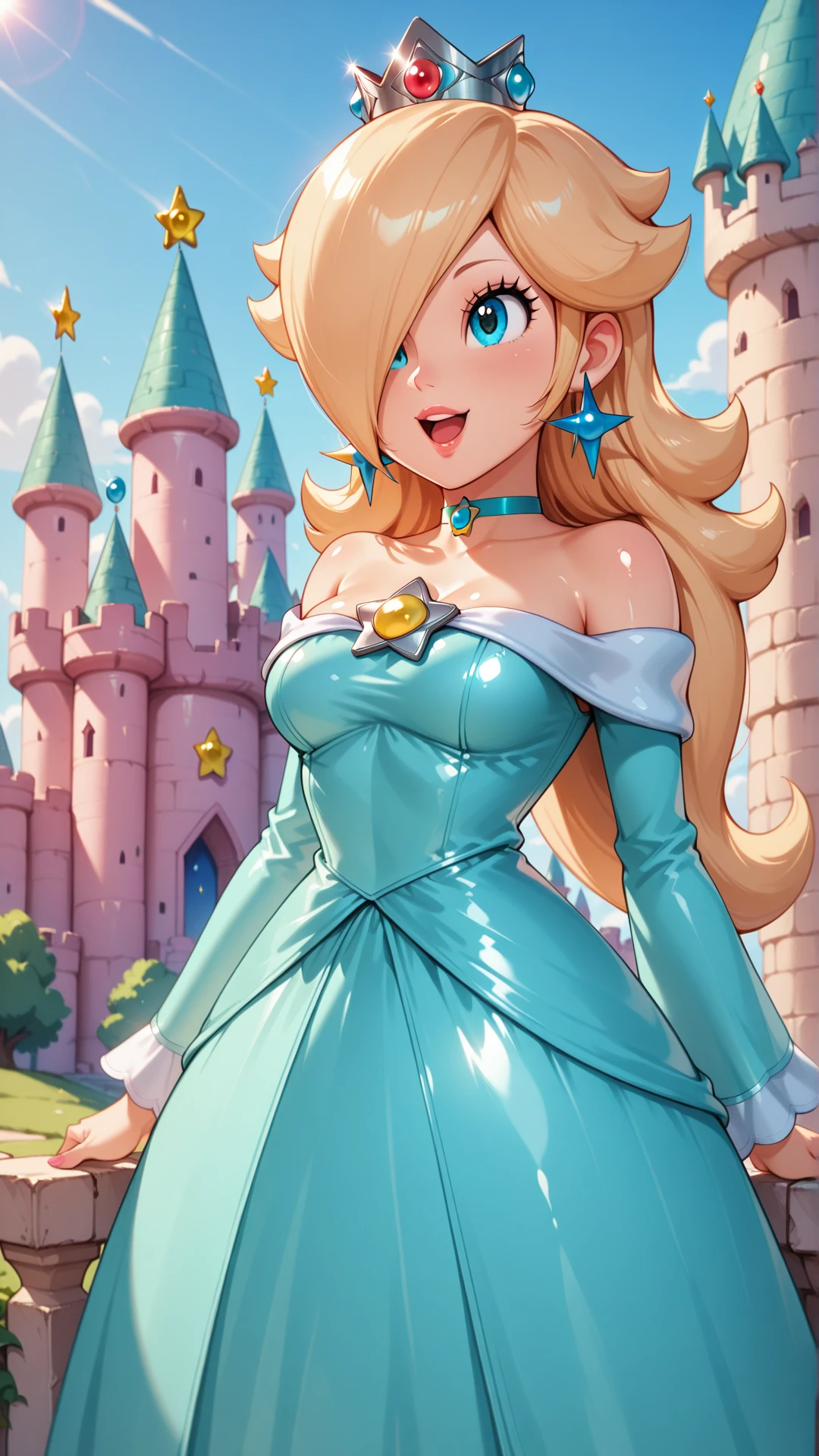 <lora:Princess_Peach_Shiny_Style_V3.0_Illustrious:0.7>,princess rosalina,1girl,solo,jewelry,earrings,long hair,breasts,very long hair,big hair,choker,dress,medium breasts,bare shoulders,:d,outdoors,smile,open mouth,shiny,shiny skin,castle,