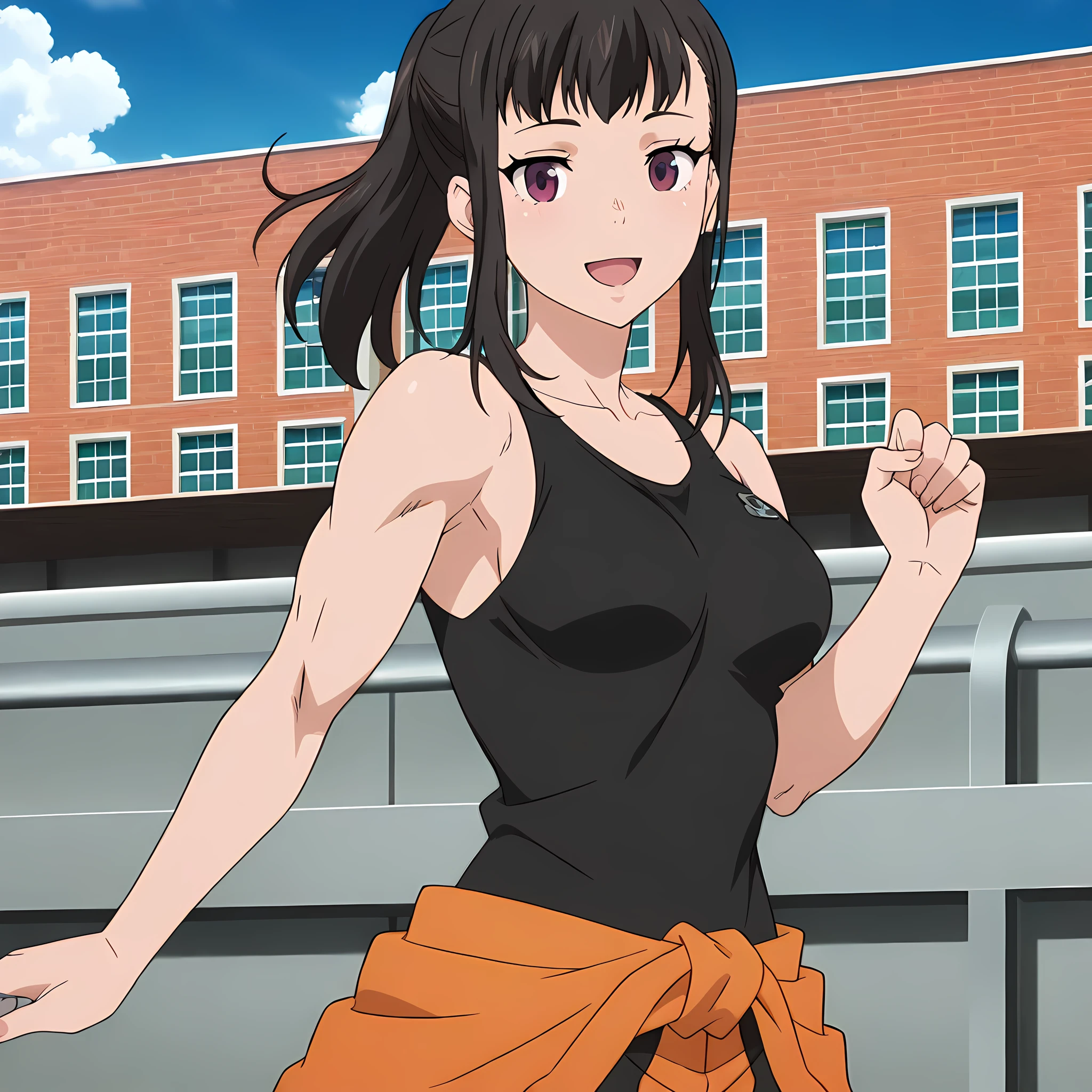 maki_oze, defoutfit, 1girl, purple eyes, solo, black hair, sky, cloud, day, anime coloring, looking at viewer, smile, building, long hair, open mouth, outdoors, blue sky, bangs, ponytail, black tank top, muscular:0.6, <lora:MakiOze-FireForce-IllustXL:1>, (masterpiece),(best quality),(ultra-detailed),(best illustration),(best shadow),(absurdres),(detailed background),(very aesthetic),