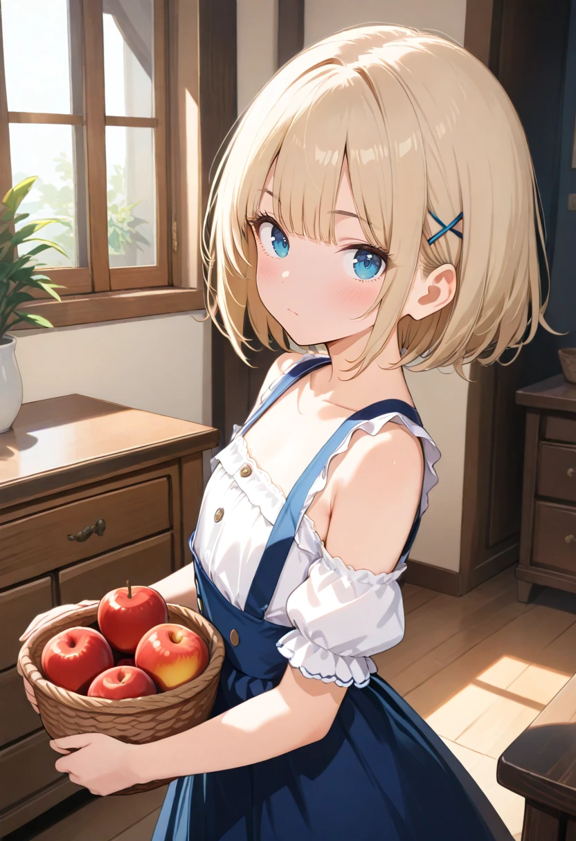 1girl, solo, hair ornament, looking at viewer, indoors, short hair, hairclip, blue eyes, window, blush, bare shoulders, bangs, plant, closed mouth, basket, collarbone, off shoulder, white shirt, holding basket, detached sleeves, puffy short sleeves, blonde hair, suspenders, flat chest, blunt bangs, upper body, sunlight, suspender skirt, frills, standing, drawer, puffy sleeves, aqua eyes, sleeveless dress, eyebrows visible through hair, blue skirt, apple, cowboy shot, overalls, bob cut, light brown hair, table, high-waist skirt, expressionless, platinum blonde hair, eyelashes, cabinet, hairpin, chest of drawers, buttons, sleeveless shirt, eyebrows behind hair, from side, pinafore dress, white blouse, x hair ornament, sidelocks,
masterpiece, high score, great score, absurdres, safe,