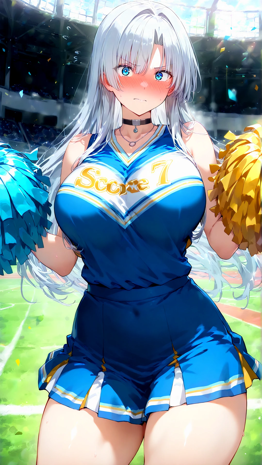 one woman,Super high quality,highest quality,underboob,underboob,Belly exposure,Angle from directly below,beautiful big breasts,Nipples are erect,blonde,cheerleader,pretty girl,Full view of pussy,standing position,