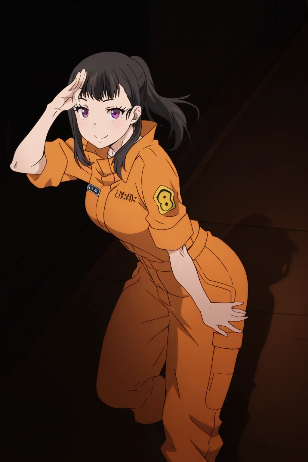 maki_oze, defoutfit, 1girl, orange jumpsuit, solo, salute, black hair, purple eyes, smile, looking at viewer, bangs, ponytail, dark alleyway background, night, orange pants, uniform, closed mouth<lora:MakiOze-FireForce-IllustXL:1>, (masterpiece),(best quality),(ultra-detailed),(best illustration),(best shadow),(absurdres),(detailed background),(very aesthetic),