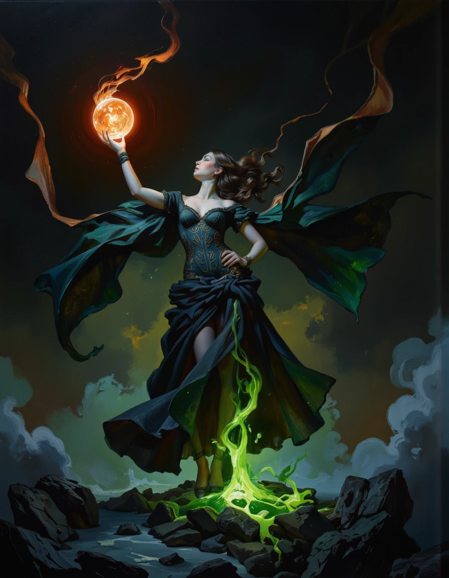 A dramatic, dark fantasy scene featuring a powerful female figure holding a glowing orb in a dramatic pose. the image also shows dramatic lighting and a dark, smoky background.