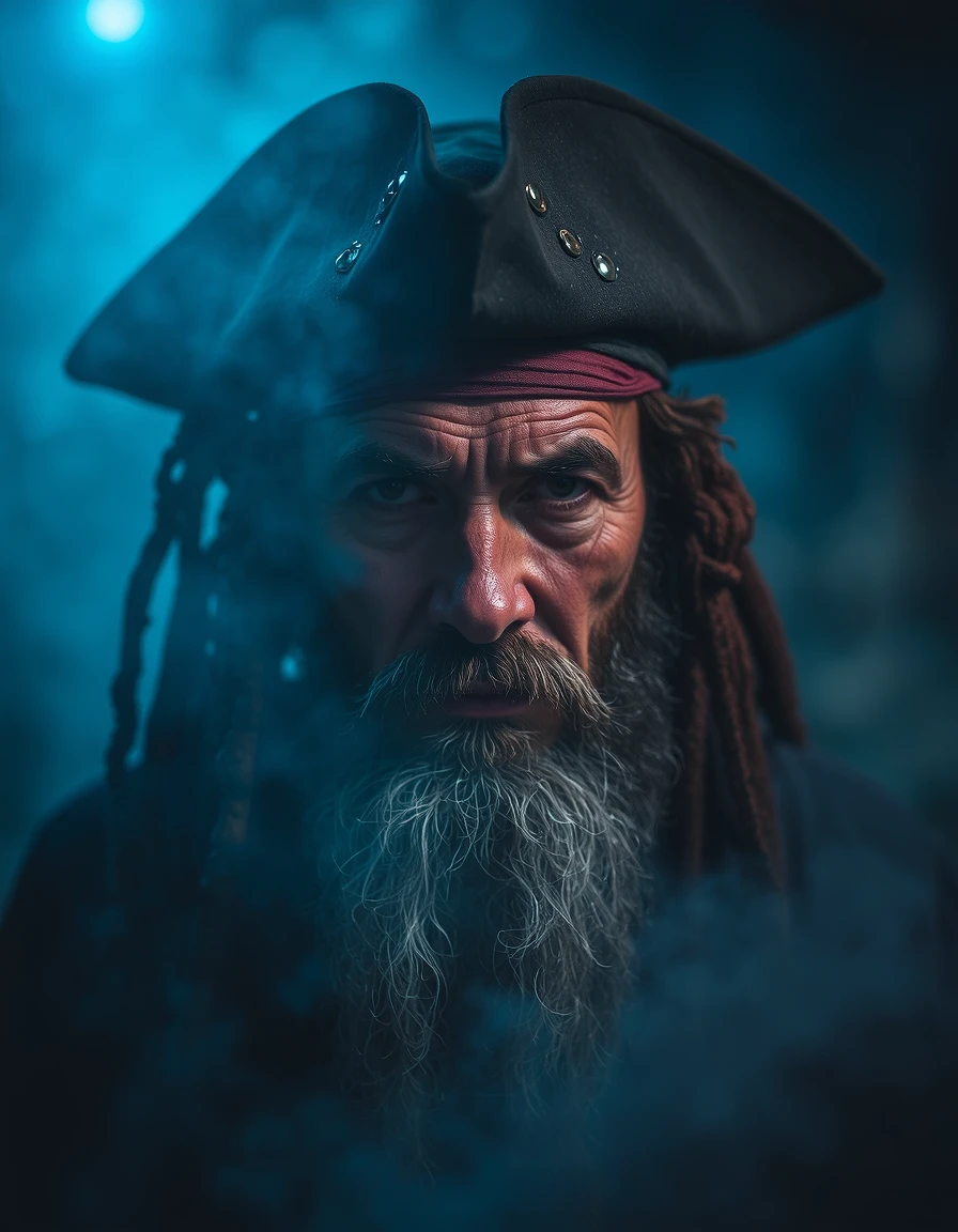 photo of old pirate man, beard, fog, dark atmosphere, night, close up, cinematic shot, hard shadows, Fujifilm XT3