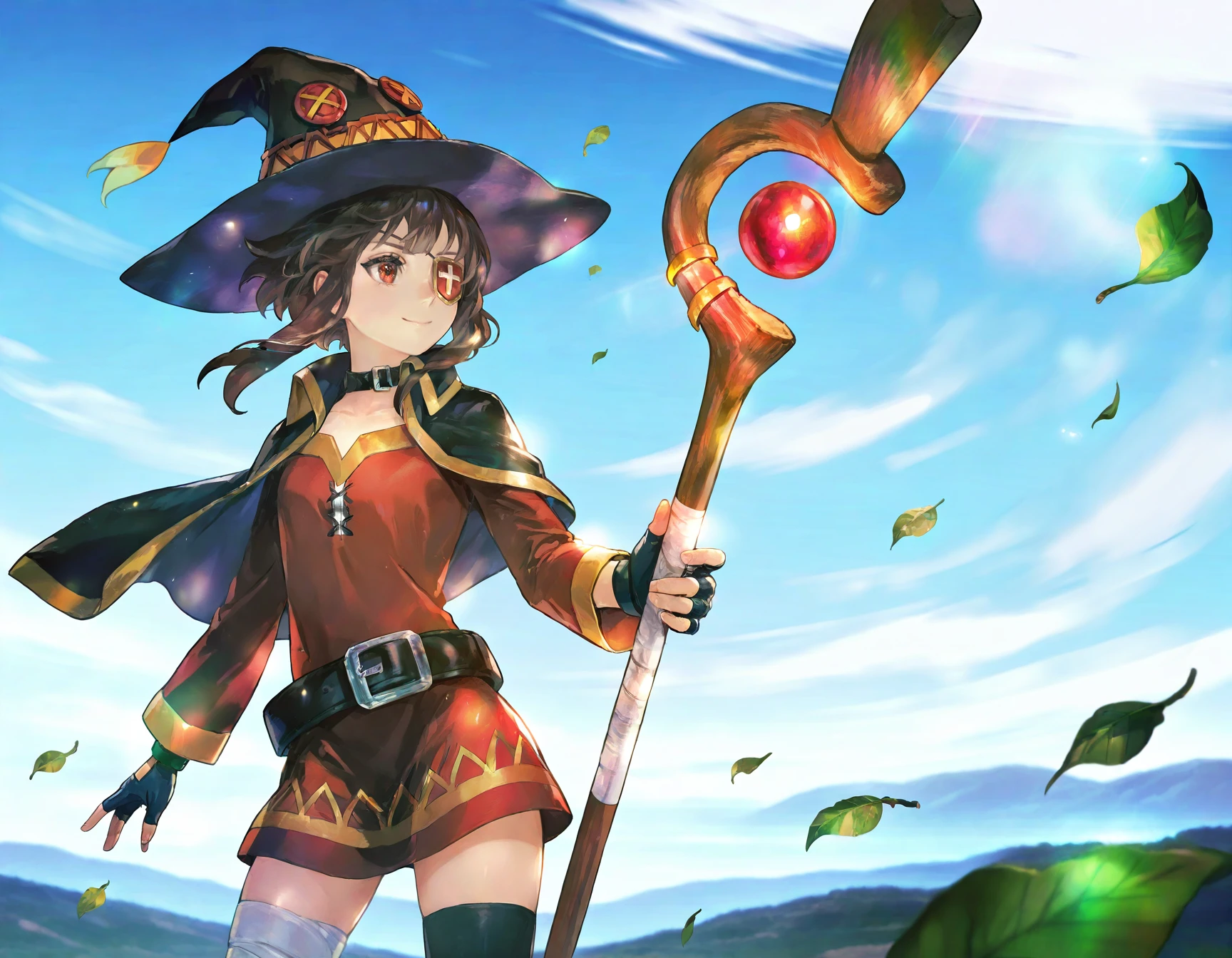 megumin,juusan kihei bouei ken,solo,
1girl,
masterpiece,best quality,highres,
floating hair,eyepatch,witch hat,capelet,holding staff,smile,looking afar,wilder,blue sky,wind,wind lift,cowboy shot,from below