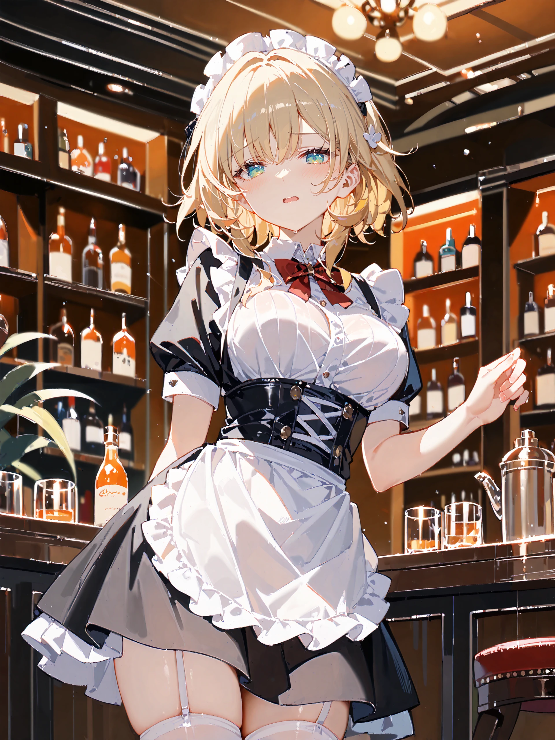score_9, score_8_up, score_7_up, source_anime, ray tracing, best quality, <lora:Style-Expressive_H-pony:0.8:hr=0.4>, <lora:Char-HonkaiSR-Aglaea-V1-Pony:0.9:hr=0.6>, 1girl, solo, aglaea \(honkai: star rail\), solo, maid, black dress, white shirt, underbust, red bowtie, white thighhighs, mary janes, maid headdress, maid apron, embarrassed, open mouth, blush, parted lips, looking at viewer, cowboy shot, bar \(place\), indoors, depth of field
