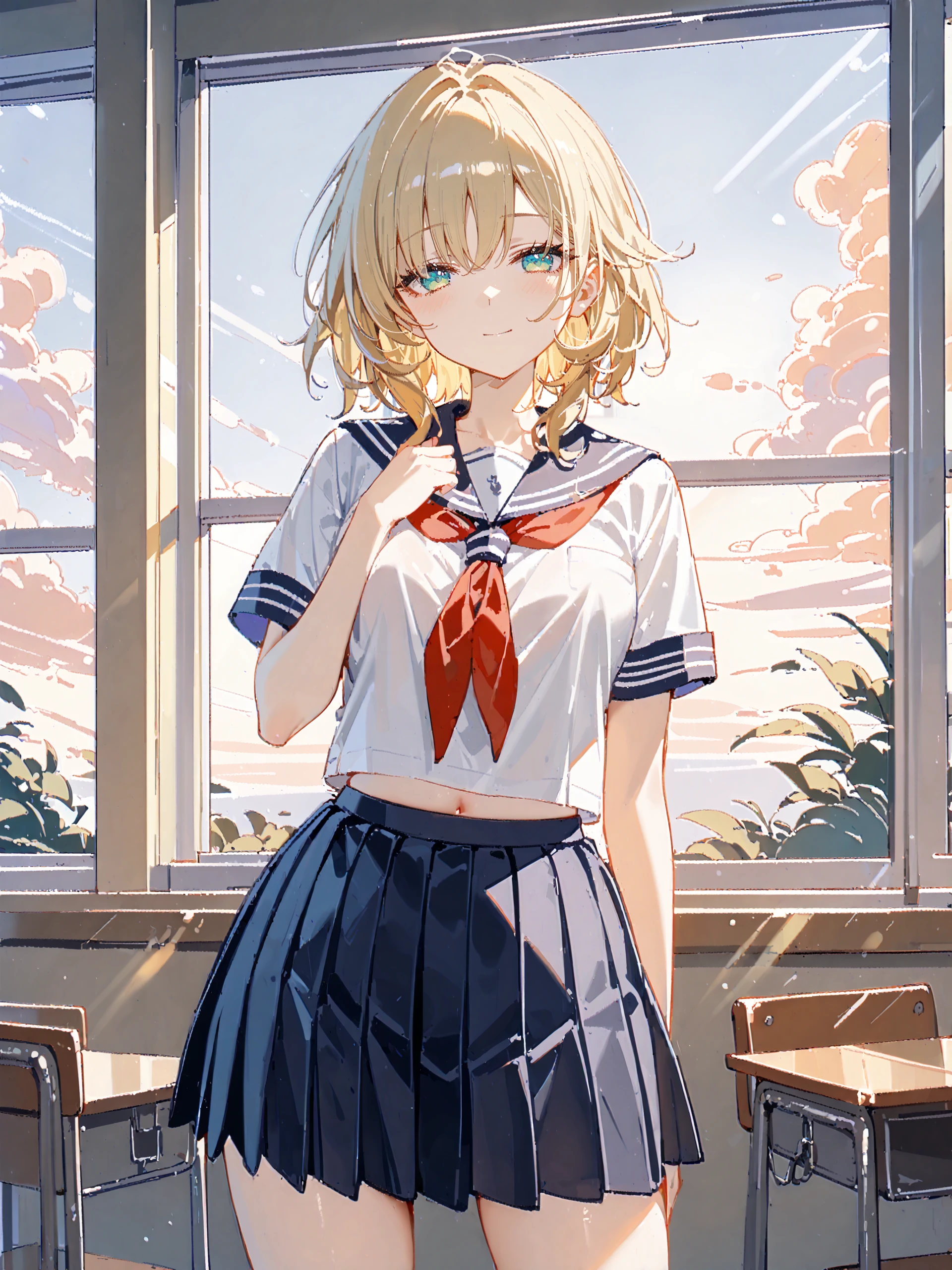 score_9, score_8_up, score_7_up, source_anime, ray tracing, best quality, <lora:Style-Expressive_H-pony:0.8:hr=0.4>, <lora:Char-HonkaiSR-Aglaea-V1-Pony:0.9:hr=0.6>, 1girl, solo, aglaea \(honkai: star rail\), solo, school uniform, serafuku, cowboy shot, sunbeam, sunset, classroom, indoors, window, light smile, blush, looking at viewer, facing viewer
