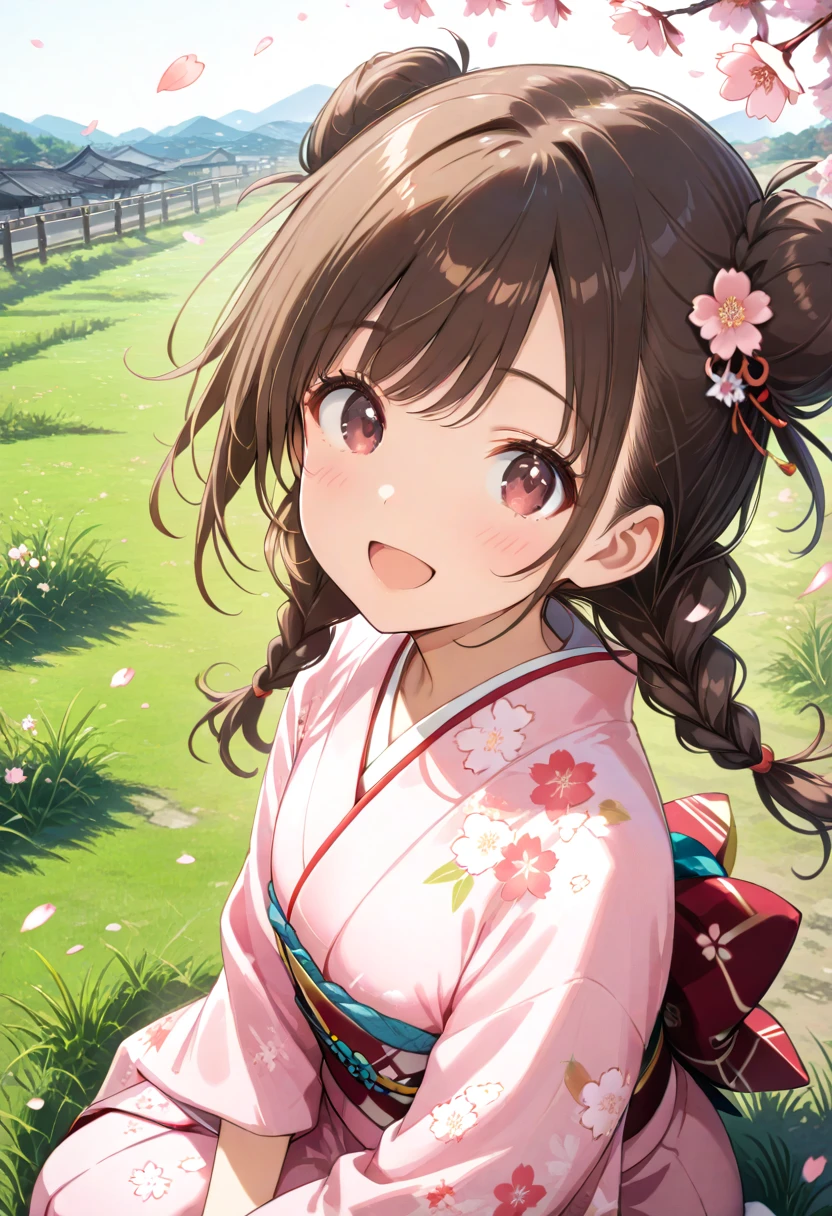 1girl, brown hair, solo, japanese clothes, open mouth, smile, twin braids, blush, kimono, floral print, grass, long hair, :d, looking at viewer, brown eyes, red eyes, petals, pink kimono, outdoors, eyebrows visible through hair, happy, portrait, print kimono, day, eyelashes, shiny hair, shiny, cherry blossoms, pink flower, wind, looking up, from above, floating hair, cherry blossom print, low twintails, swept bangs, on grass, light blush, sidelocks, double bun, sitting, seiza,
masterpiece, high score, great score, absurdres, safe,