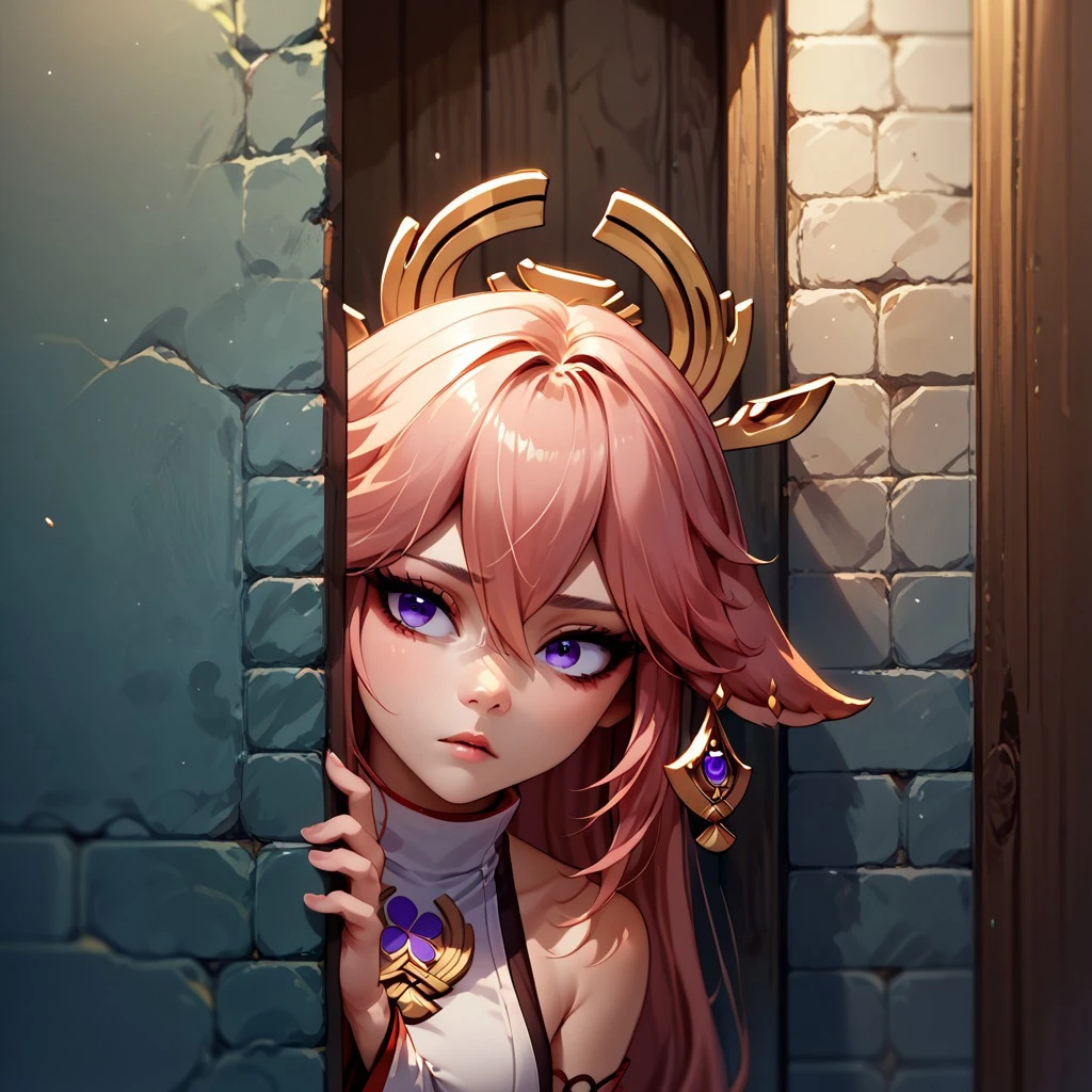 score_9, score_8_up, score_7_up, peeking out, upper body, yae miko, hiding behind wall, vivid colors, Expressive,