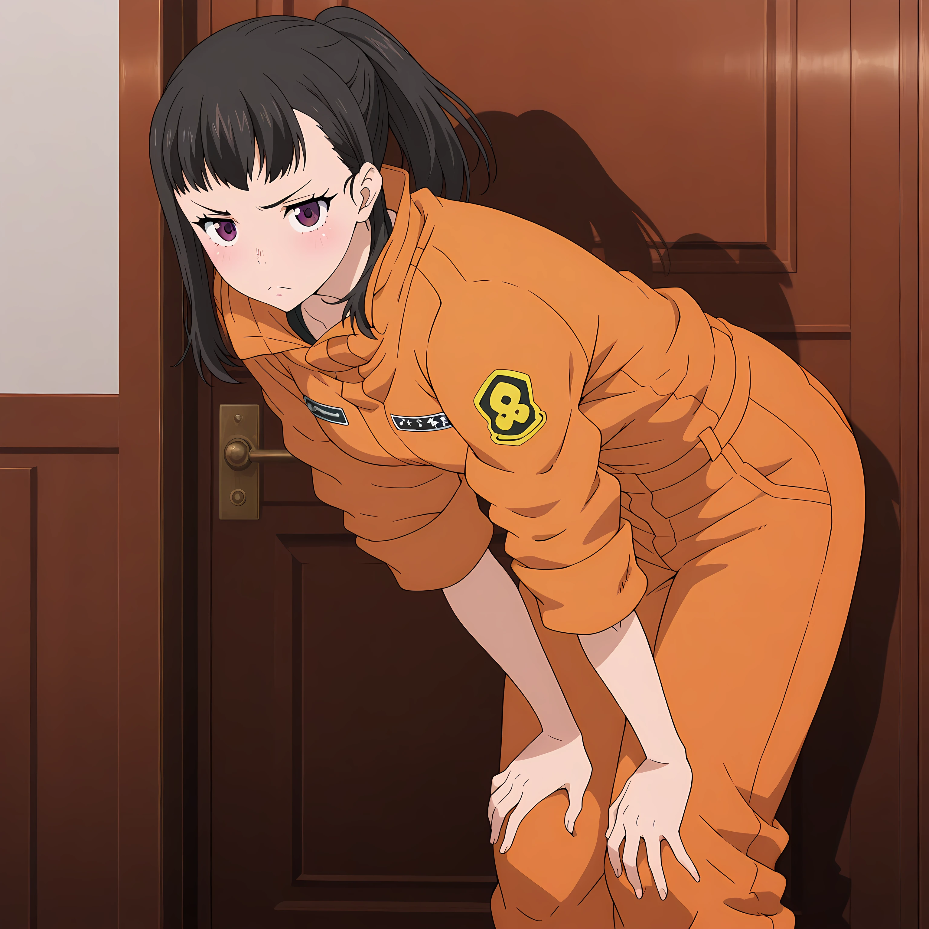 maki_oze, defoutfit, 1girl, solo, jumpsuit, black hair, purple eyes, leaning forward, looking at viewer, bangs, hands on own knees, hands on own thighs, frown, door, ponytail, blush, closed mouth <lora:MakiOze-FireForce-IllustXL:1>, (masterpiece),(best quality),(ultra-detailed),(best illustration),(best shadow),(absurdres),(detailed background),(very aesthetic),