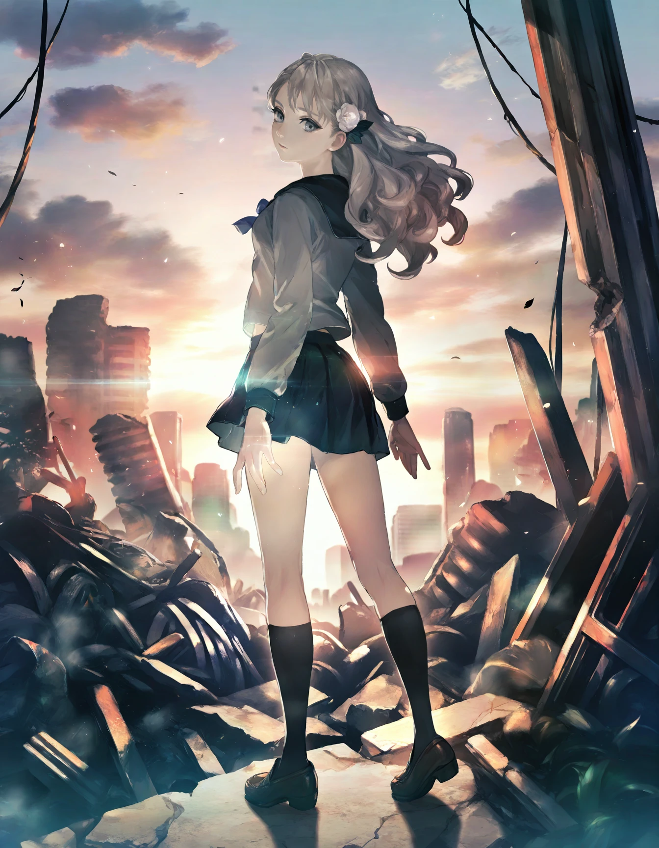 fuyusaka iori,juusan kihei bouei ken,solo,
masterpiece,best quality,highres,
1girl,white hair,long hair,hair ornament,hair flower,grey eyes,serafuku,pleated skirt,loafers,looking back,ruins,dusk
