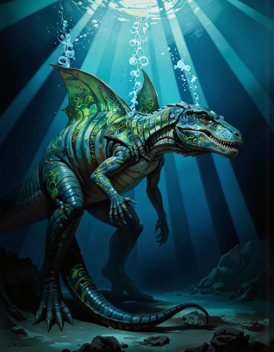A dramatic, dark fantasy scene featuring a giant ichthyosaur in an underwater environment. The creature is completely submerged in the deep blue ocean, surrounded by bubbles and rays of light, with intricate, glowing green patterns on its skin and fins.