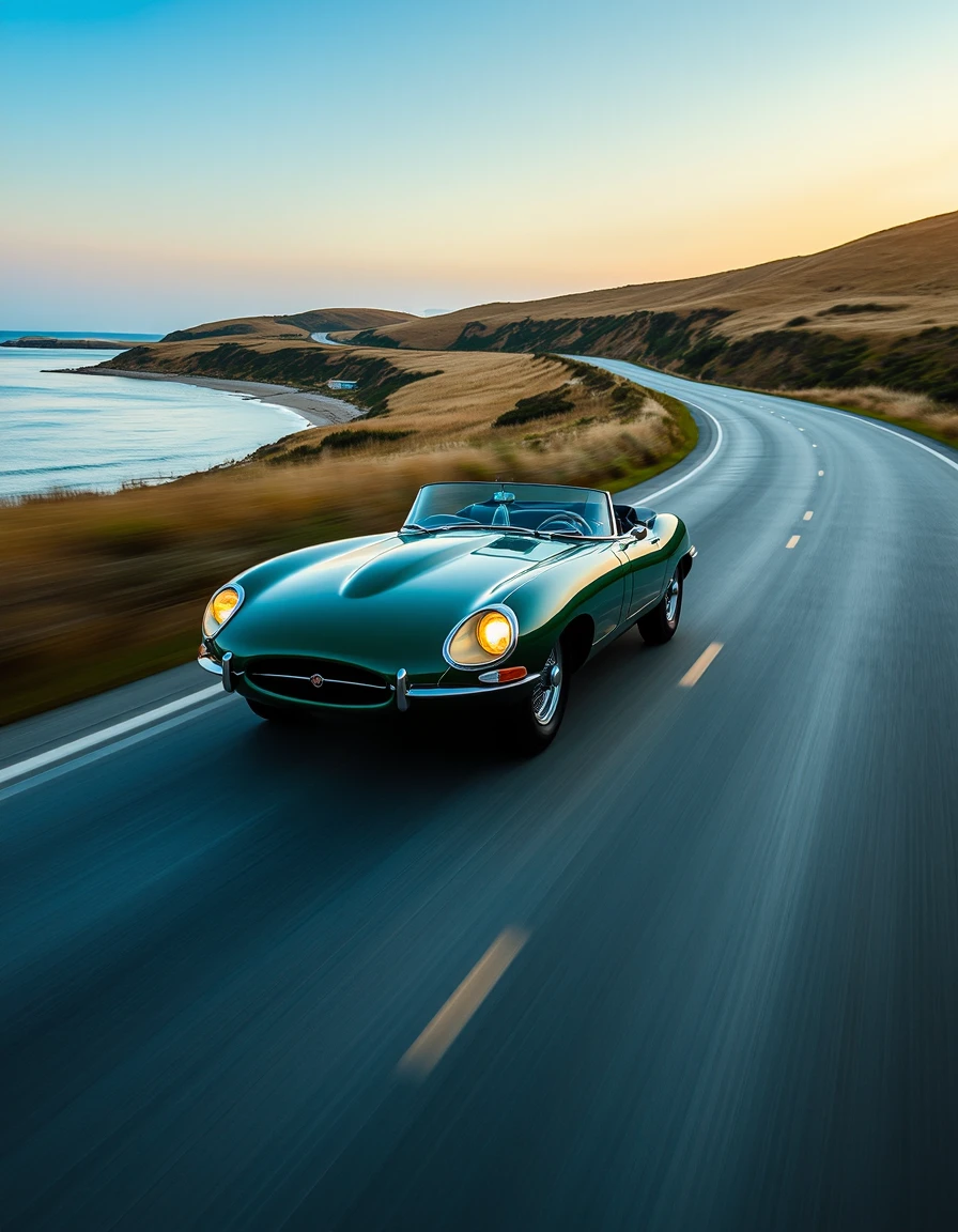 An e-type jaguar, painted a british racing green, hurtles down a winding road by a beach. The car's lines are sharp and aerodynamic, with exaggerated curves that accentuate its speed. The motion blur is pronounced, capturing the blur of the wheels. The background is a blurred landscape of rolling hills and a clear blue sky. The sun glints off the polished paintwork, creating a shimmering effect. The car's headlights pierce the twilight, illuminating the path ahead.