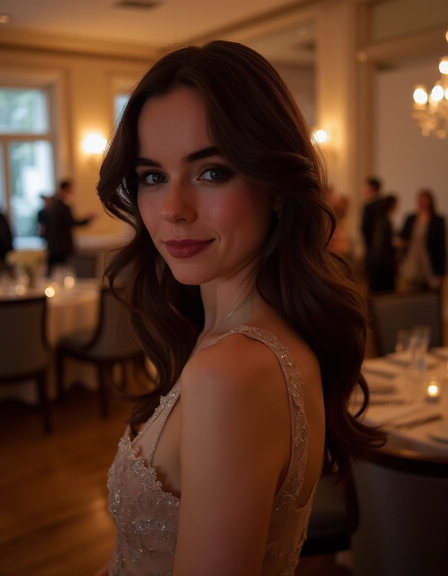 a beautiful 30 year old woman with brown hair. Stand with one foot slightly in front of the other, hands resting on , and a smoldering gaze., a chic ballroom, with art deco touches, elegant seating, live music, a glamorous dance floor, <lora:sarah-desjardins-V2:1> s_desjardins,
