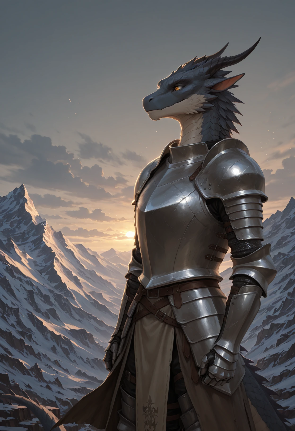 masterpiece, furry, safe, solo, male dragon, cinematic, creative, knight armor, looking vast distance of mountains