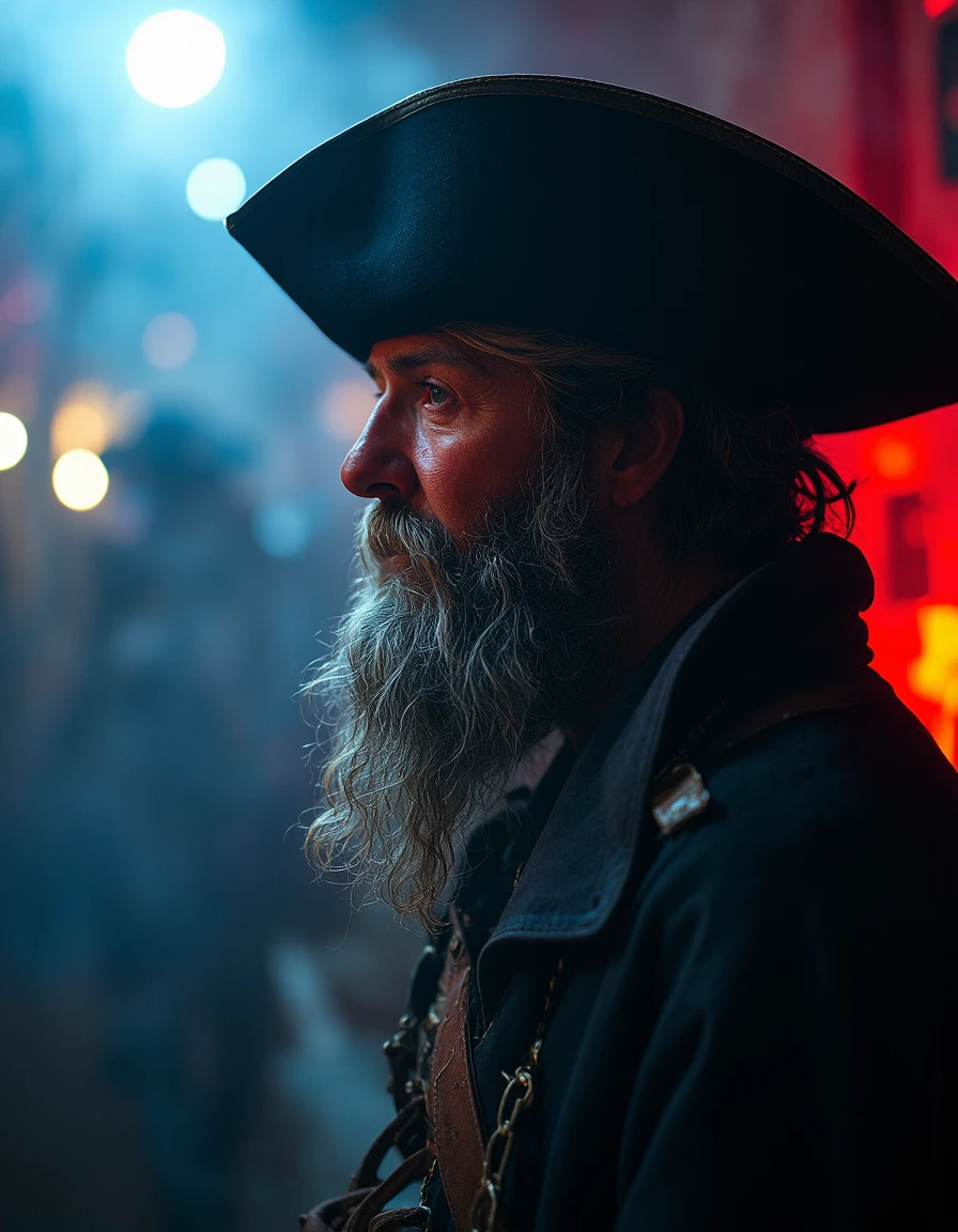 photo of old pirate man, beard, fog, dark atmosphere, night, close up, cinematic shot, hard shadows, Fujifilm XT3