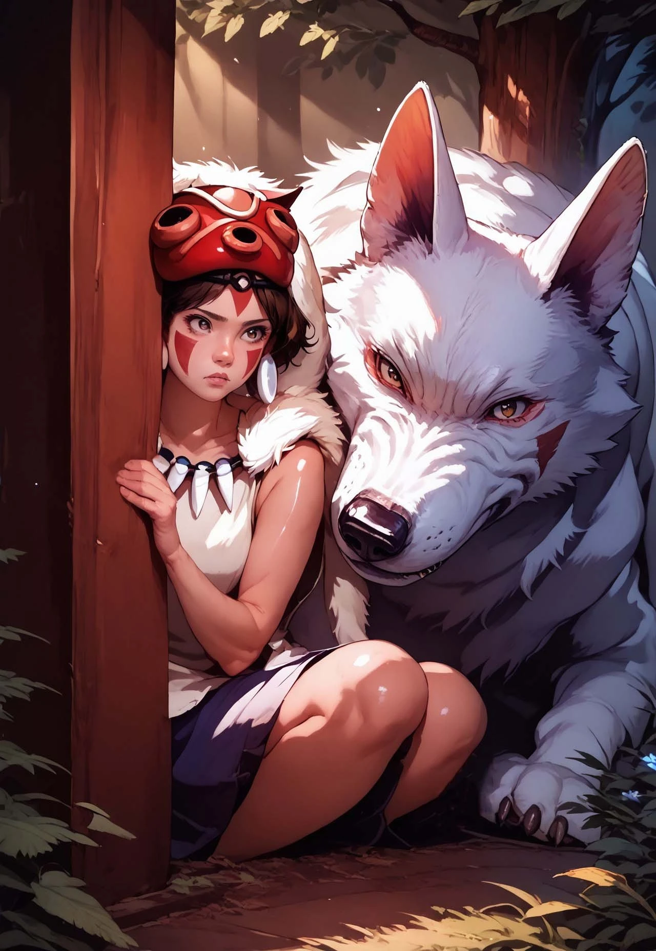 score_9, score_8_up, score_7_up, 1girl, San(/Princess Mononoke)/,(ultra HD quality details), pale skin, brown hair, facepaint, brown eyes, short hair, mask on head,
shiny skin, eye contact, fur cape, crystal necklace, sleeveless_shirt,
tilted angle, moody lighting, p3tl0v3, full body, white wolf, peeking out , hiding behind white wolf, dim lighting, medieval fantasy, perfect quality, high quality, photorealistic, sitting BREAK orange and blue hue, (abstract:0.2), expressiveH