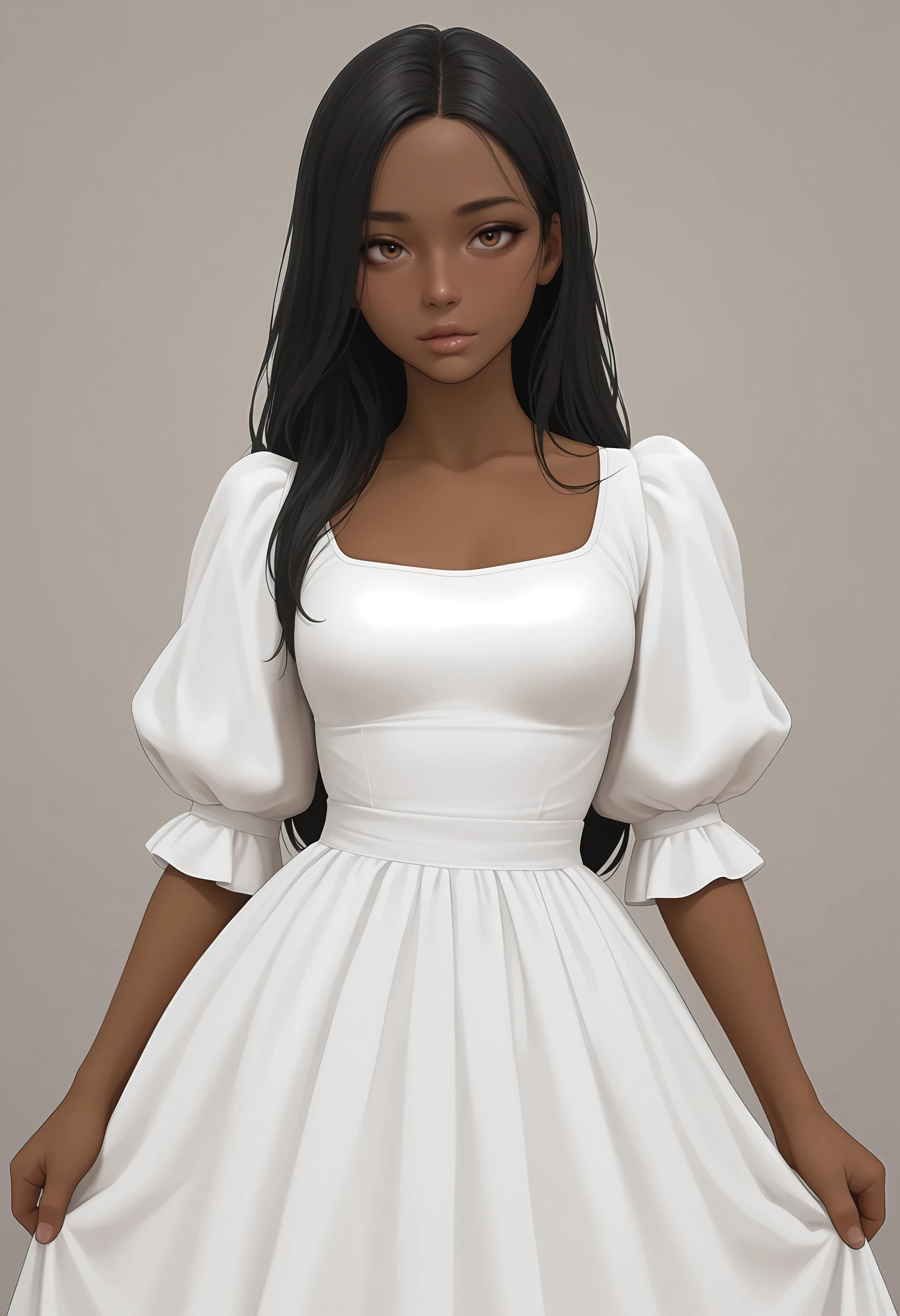 masterpiece, best quality, amazing quality, very aesthetic, absurdres, newest, solo,  1girl, lips, dark skin, brown eyes, black hair, wearing dress, puffy sleeves,