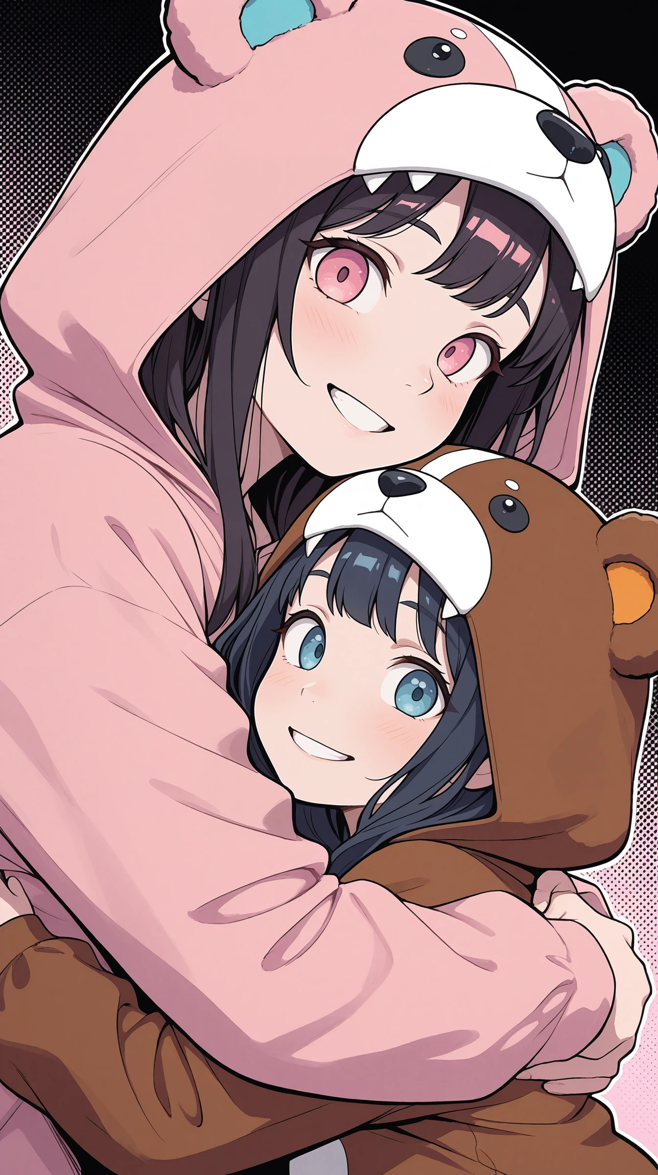 2girls, women, masterpiece,best quality,amazing quality,very aesthetic,absurdres,newest,detailed eyes, Secondary Colors, pink accent,
bear-costumes,
side view, upper body view, dynamic angle, happy, looking at viewer, hugging,
black background, halftone background,