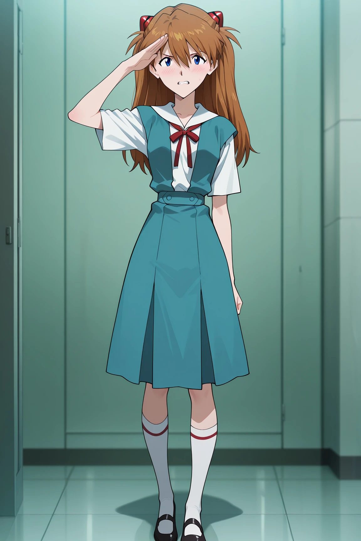 masterpiece, best quality, absurdres, highres, source anime, very aesthetic, very awa, BREAK, anime coloring, anime screencap,
<lora:asuka_rebuild_v2-illustrious:1>, 1girl, souryuu asuka langley, rebuild of evangelion, blue eyes, brown hair, interface headset,
salute, clenched teeth,
BREAK, looking at viewer, blush, narrow waist,
BREAK, tokyo-3 school uniform, mary janes,
