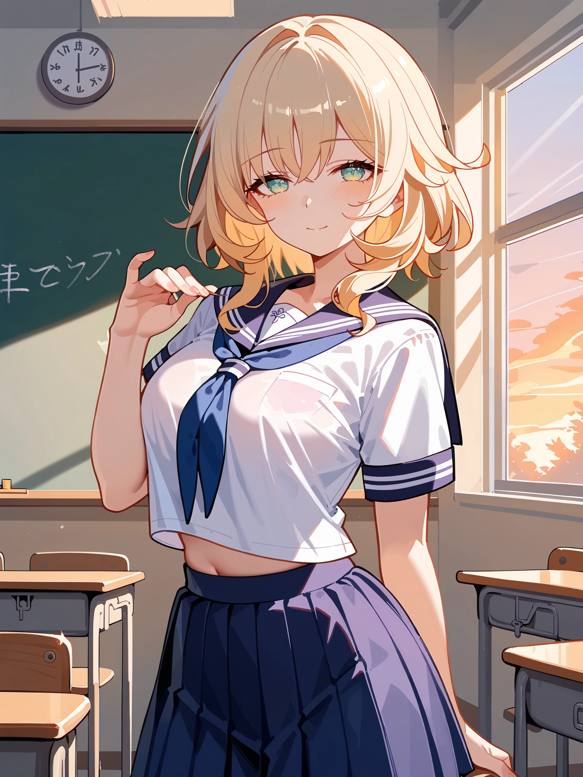 score_9, score_8_up, score_7_up, source_anime, ray tracing, best quality, <lora:Style-Expressive_H-pony:0.8:hr=0.4>, <lora:Char-HonkaiSR-Aglaea-V1-Pony:0.9:hr=0.6>, 1girl, solo, aglaea \(honkai: star rail\), solo, school uniform, serafuku, cowboy shot, sunbeam, sunset, classroom, indoors, window, light smile, blush, looking at viewer, facing viewer