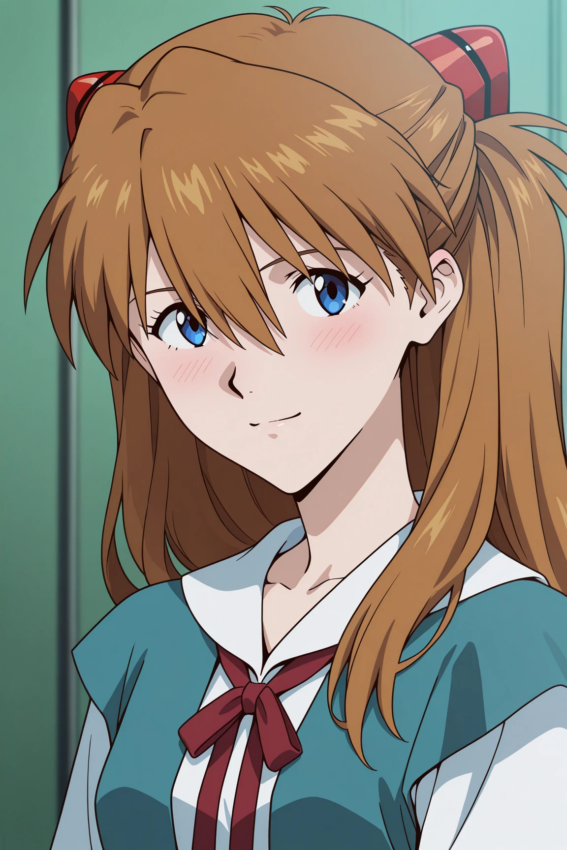 masterpiece, best quality, absurdres, highres, source anime, very aesthetic, very awa, BREAK, anime coloring, anime screencap,
<lora:asuka_rebuild_v2-illustrious:1>, 1girl, souryuu asuka langley, rebuild of evangelion, blue eyes, brown hair, interface headset,
tokyo-3 school uniform, blush, upper body,
BREAK, looking at viewer, light smile,
BREAK,