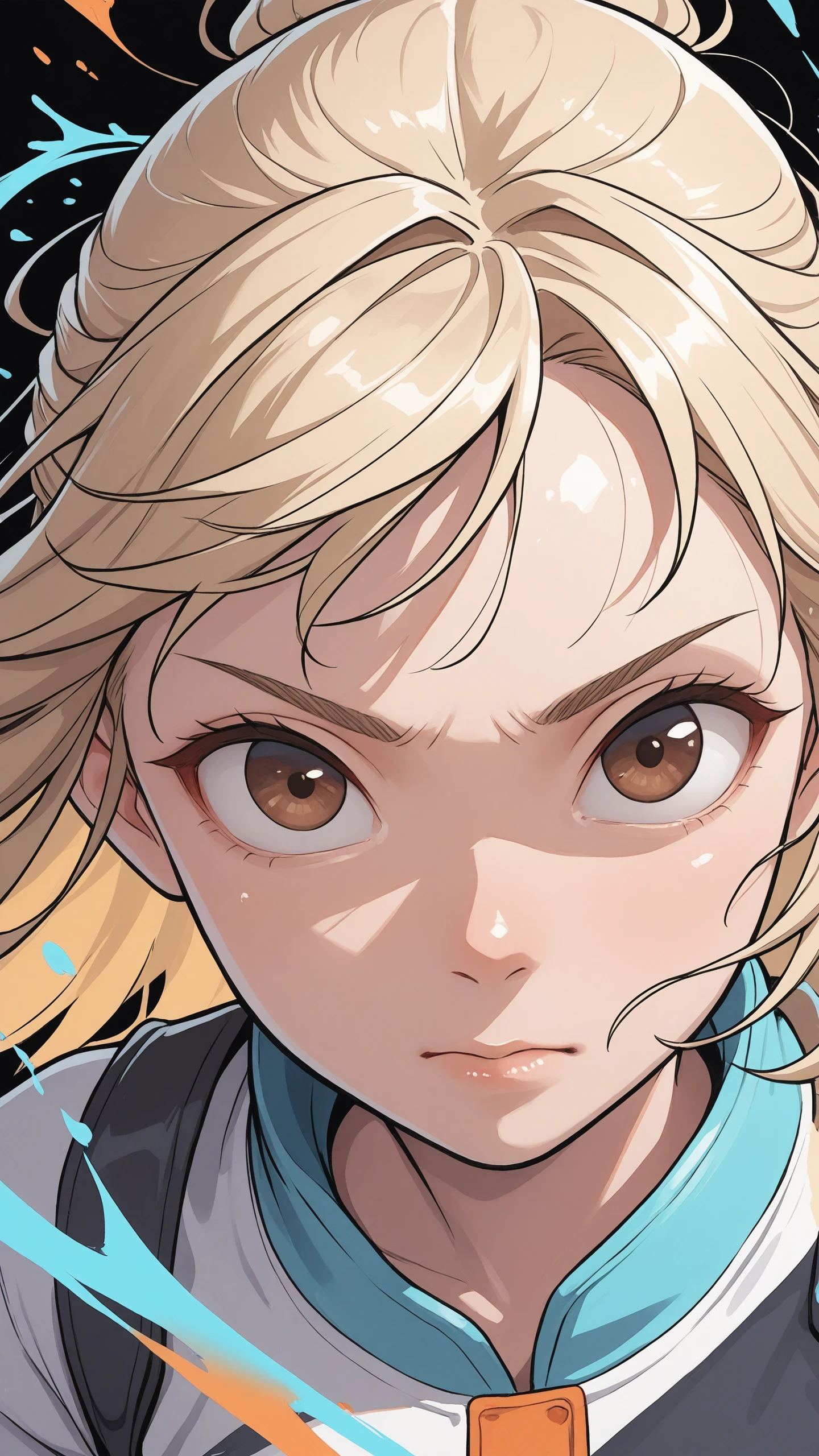 masterpiece,best quality,amazing quality,very aesthetic,absurdres,newest,detailed eyes, Chromatic Colors,
1girl, face, portrait, looking at viewer,
brown eyes, blonde, half updo hair,
action movement, fighting,
face focus, upper body view, dynamic angle,
black background, Splash Art, motion-lines