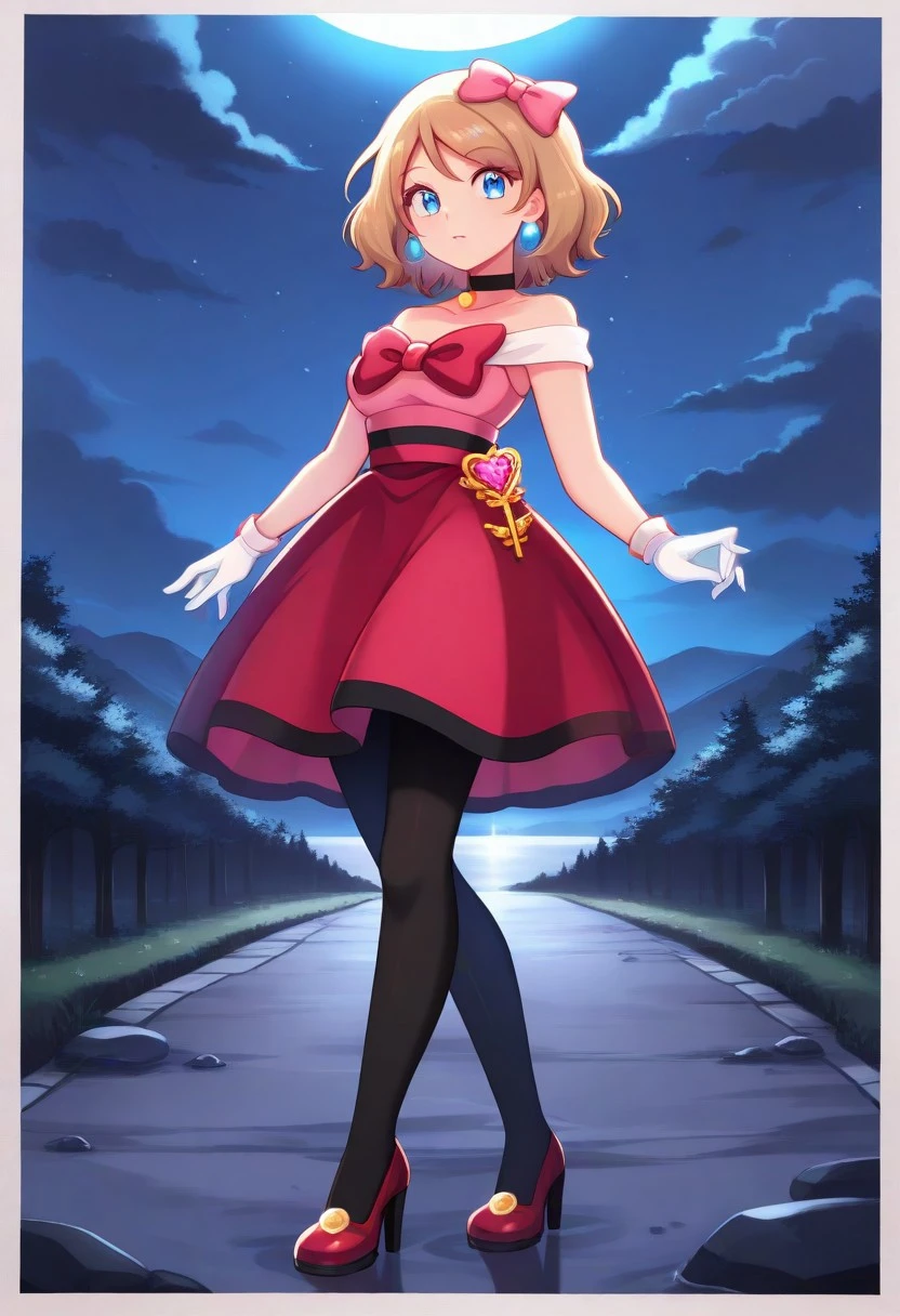 2d, masterpiece, best quality, amazing quality, 1girl, solo, standing, looking at viewer, night, moonlight, sky, contserena, [[serena_\(pokemon\)]], blue eyes, light brown hair, medium hair, pink dress, red skirt, sleeveless, bare shoulders, collarbone, black choker, earrings, hair bow, pink bow, red bow, white gloves, black pantyhose, knees, high heels, pumps, shoes, red footwear