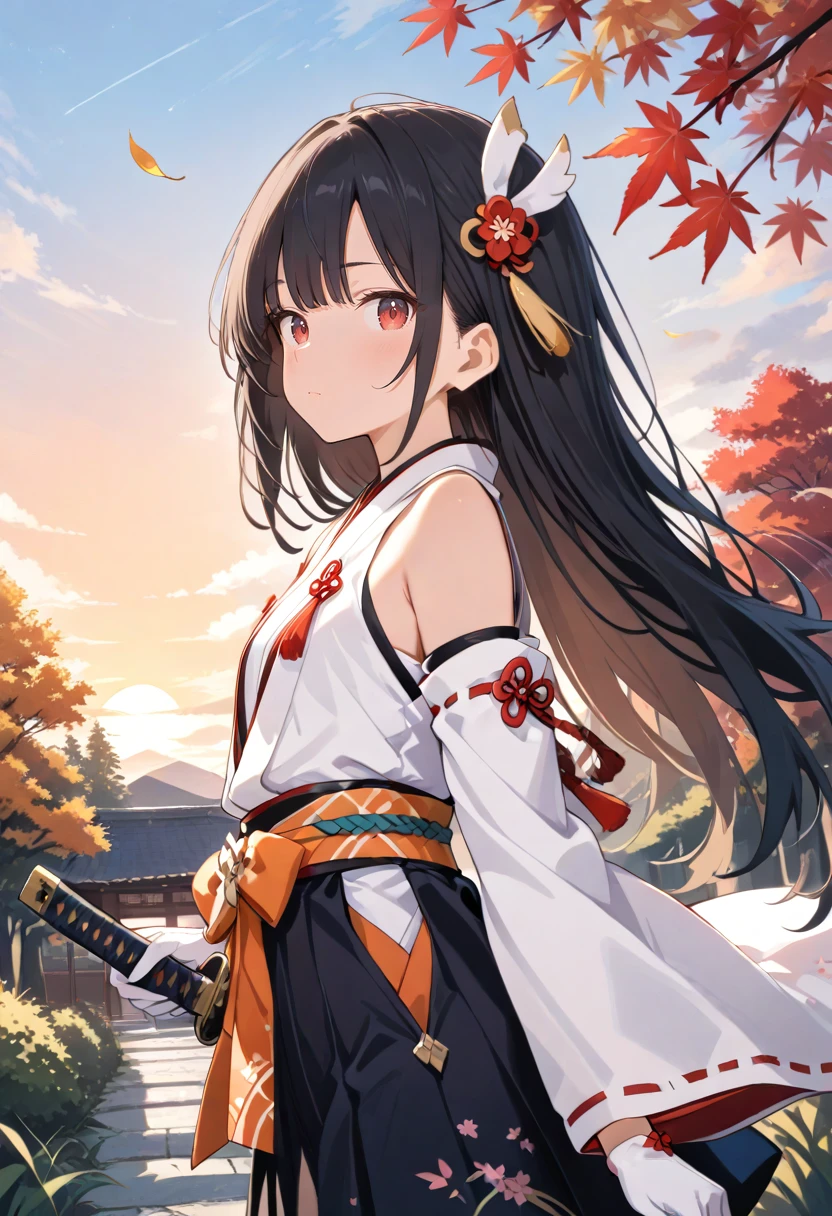 1girl, white shirt, open shirt, sleeveless shirt, white kimono, japanese clothes, black skirt, hakama, detached sleeves, white sleeves, hair ornament, white gloves, bare shoulders, white collar, orange obi, cowboy shot, holding sword, outdoors, autumn, autumn leaves, outdoors, sunset, twilight, starry sky, night sky, black hair, long hair, from side, looking to the side, falling leaves, red eyes,
masterpiece, high score, great score, absurdres, safe,