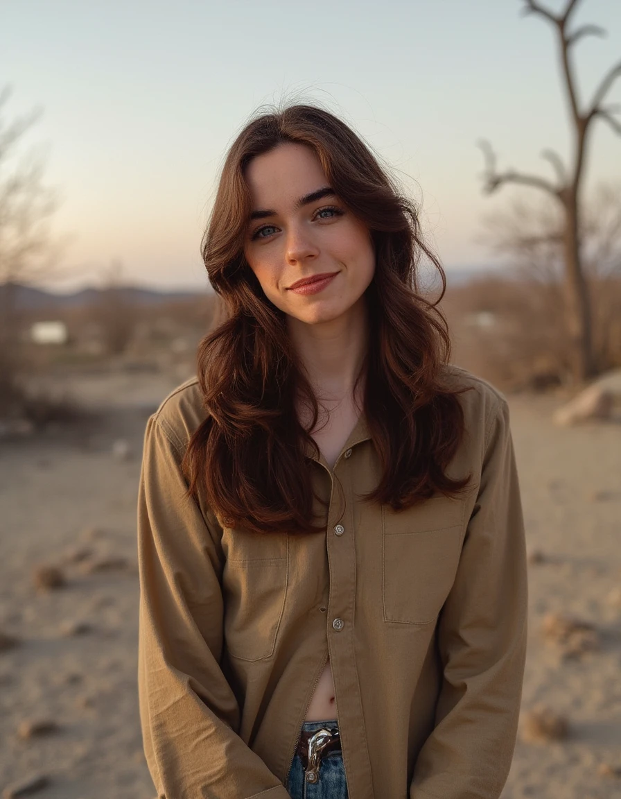 a beautiful 30 year old woman with brown hair. Stand with one foot crossed over the other, hand resting on the hip, and a subtle smile., a bleak wasteland, with parched ground and scattered, withered plants, the air heavy with dust and desolation,<lora:sarah-desjardins-V2:1> s_desjardins,