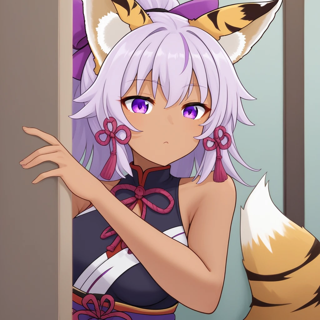 underwear, dark-skinned female, fox tail, purple eyes, medium breasts, sleeveless, ribbon, !, tiger ears