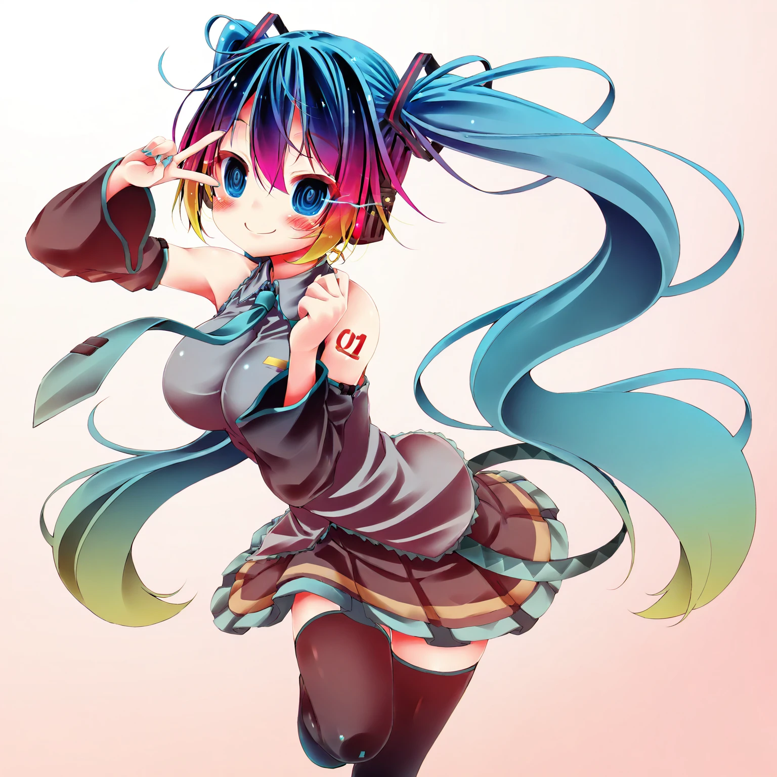 masterpiece, best quality, amazing quality, very aesthetic, absurdres, newest,
<lora:Koushin_Ryo_style_ILLUST-000008:0.95> kamiya yuu parody, 
1girl, solo, hatsune miku, blue eyes, blue hair, long hair, long twintails, hair ornament,
large breasts, necktie, detached sleeves, shirt, skirt, thighhighs, 
blush, smile, v over eye, gradient hair, multicolored hair, eye trail, dynamic pose,