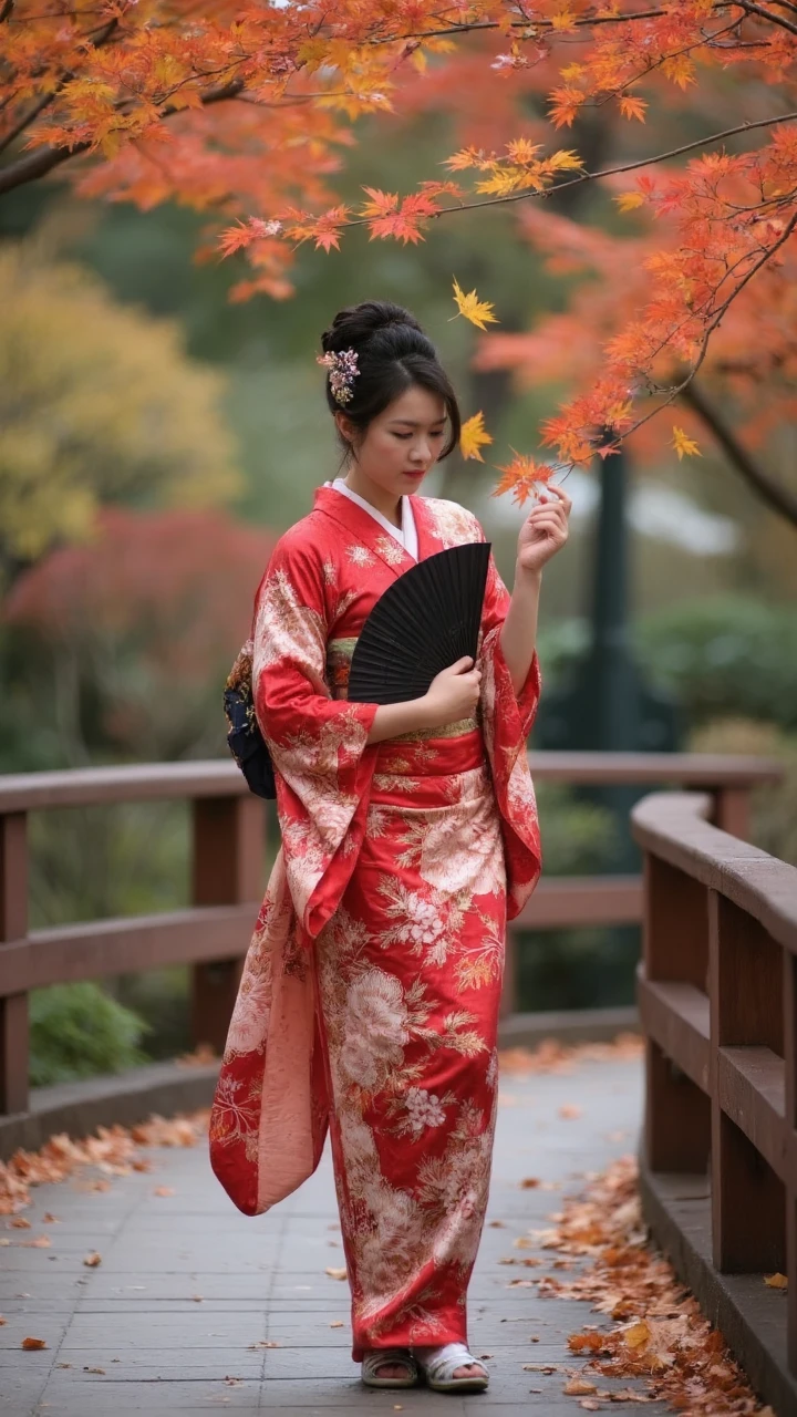 early 2010s snapshot photo captured with a phone and saved as IMG_2018.CR2, A graceful woman wearing a traditional red kimono with floral patterns, walking on a wooden bridge surrounded by autumn foliage. Her dark hair is styled in an elegant updo, adorned with a decorative hairpin. She holds a black folding fan, gently gazing downward as orange and yellow leaves fall around her. The background features a scenic Japanese garden with maple trees in peak autumn colors.