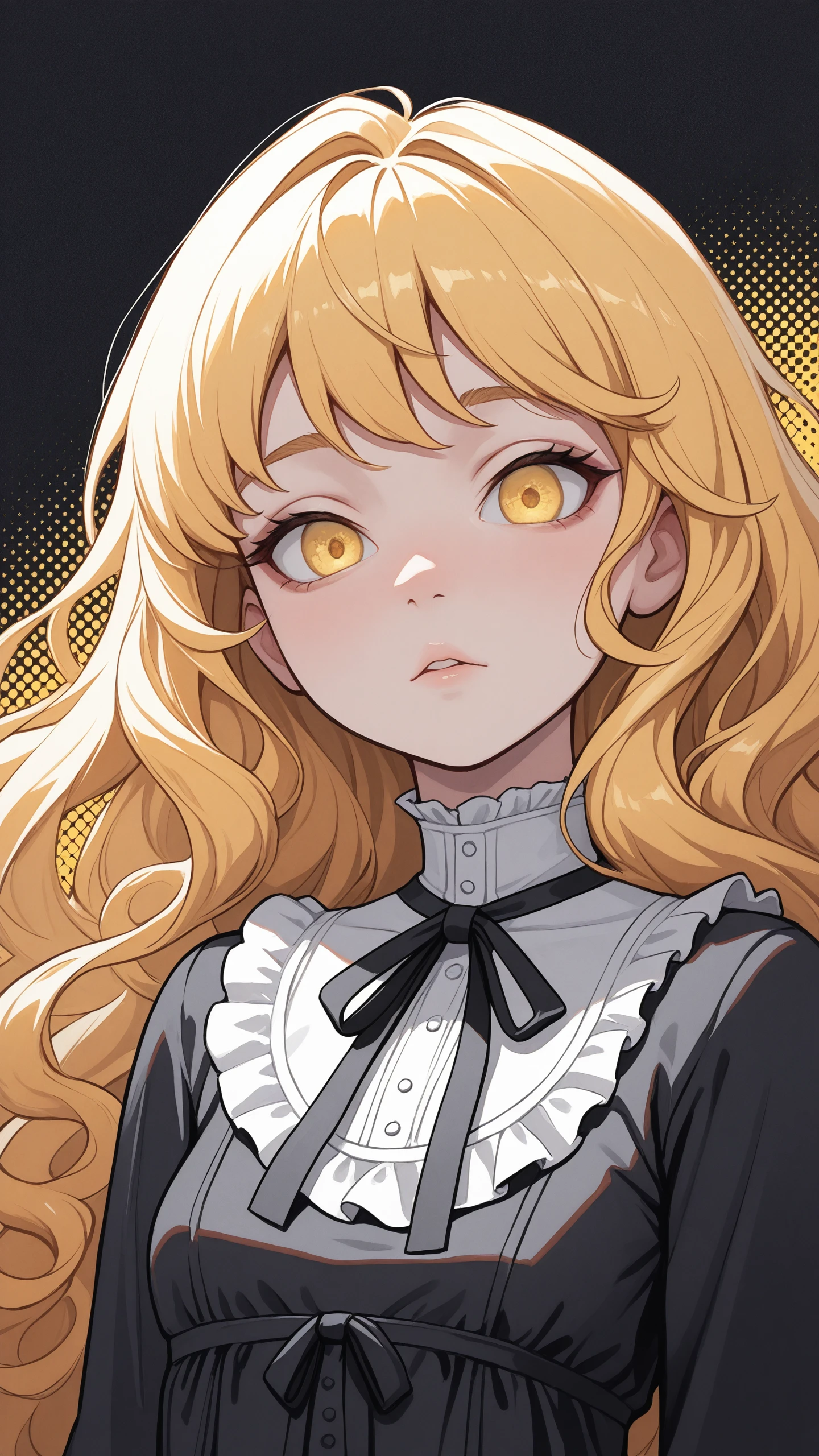 masterpiece,best quality,amazing quality,very aesthetic,absurdres,newest,detailed eyes, Primary Colors, gothic, romantic,
1girl, face, portrait, looking at viewer, ruffled-dress, long sleeves, curls, ribbons,
long hair,
face focus, upper body view, dynamic angle,
black background, yellow halftone background,