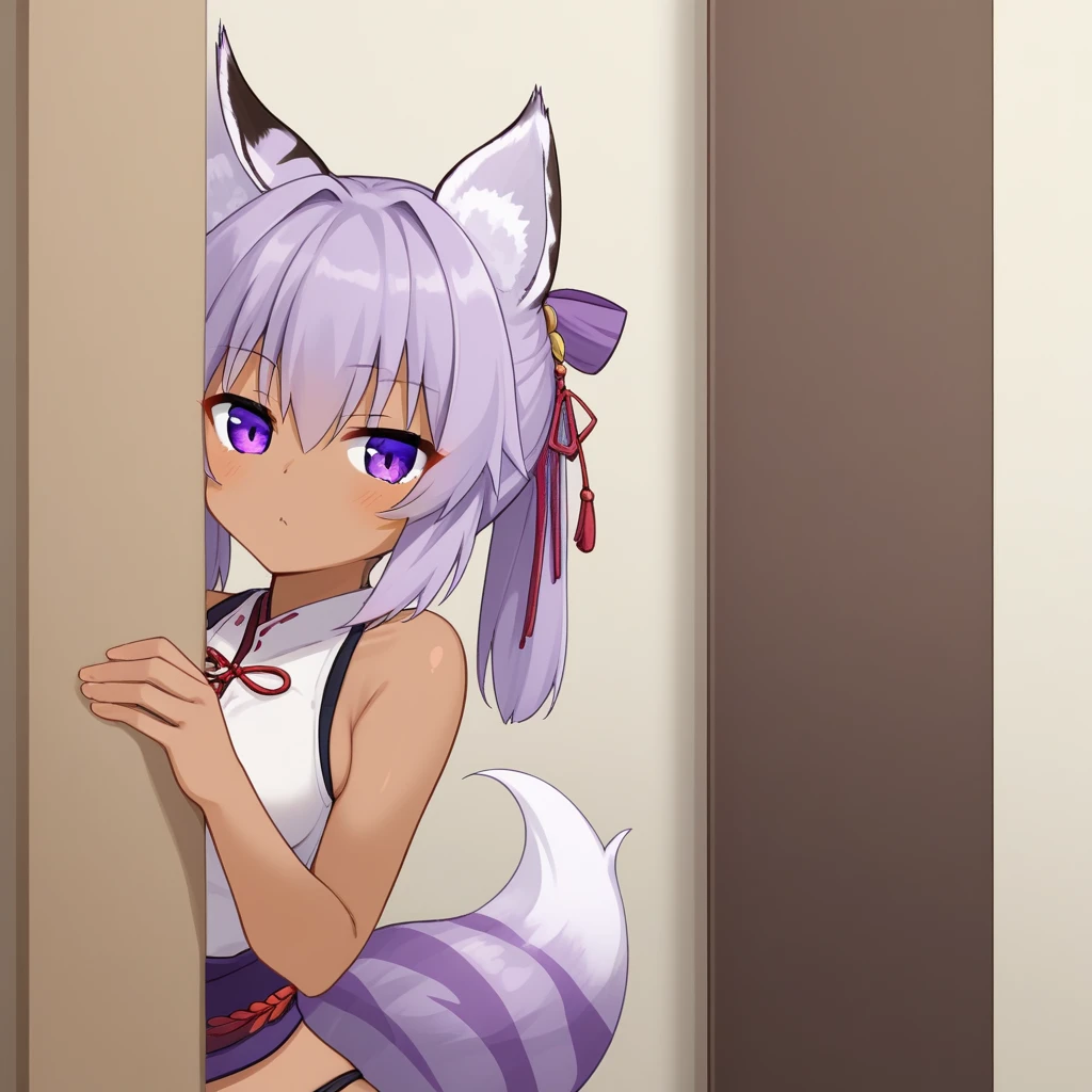 underwear, dark-skinned female, fox tail, purple eyes, medium breasts, sleeveless, ribbon, !, tiger ears