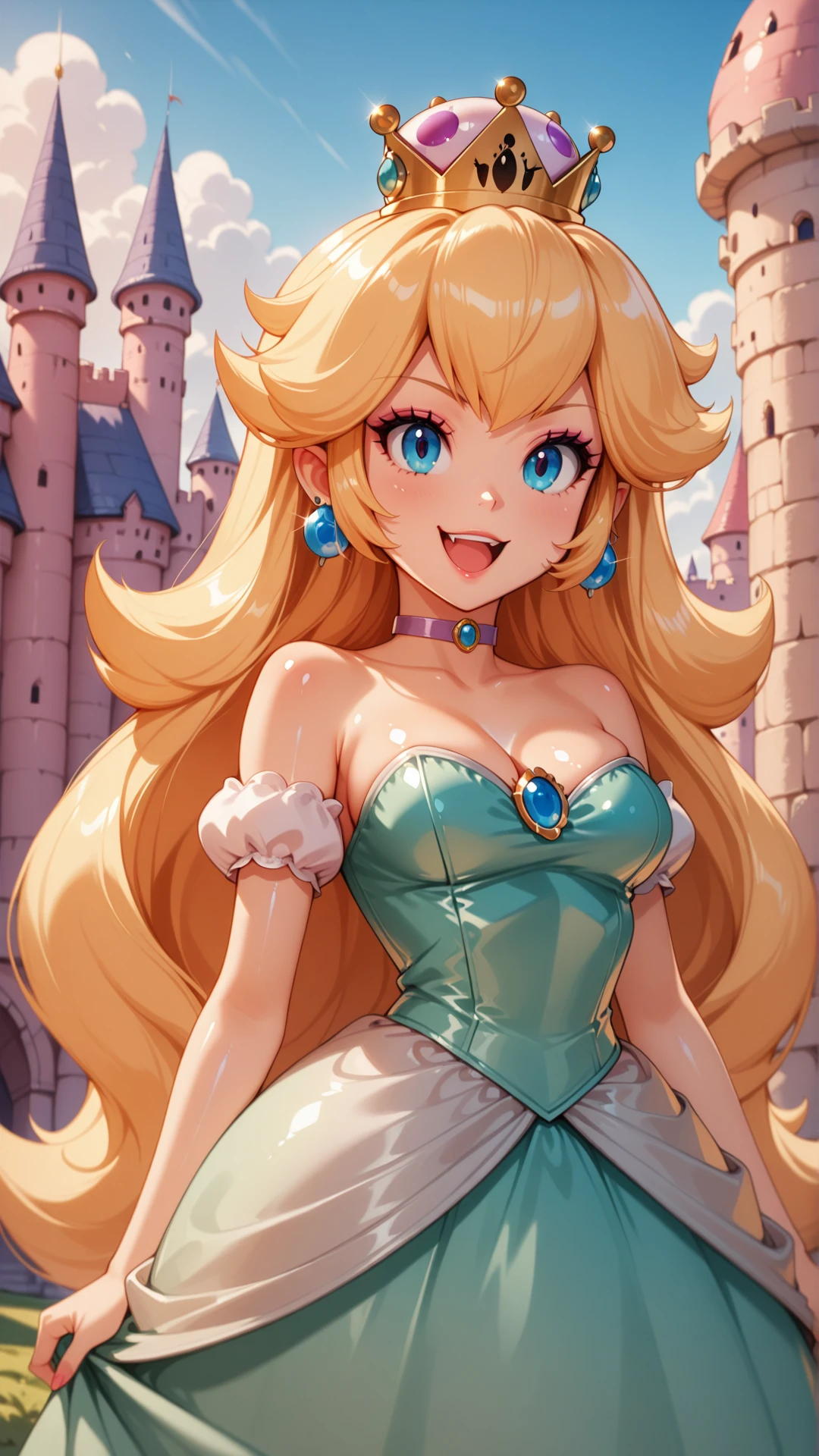 <lora:Princess_Peach_Shiny_Style_V3.0_Illustrious:0.7>,boosette,1girl,solo,jewelry,earrings,long hair,breasts,very long hair,big hair,choker,dress,medium breasts,bare shoulders,:d,outdoors,smile,open mouth,shiny,shiny skin,castle,