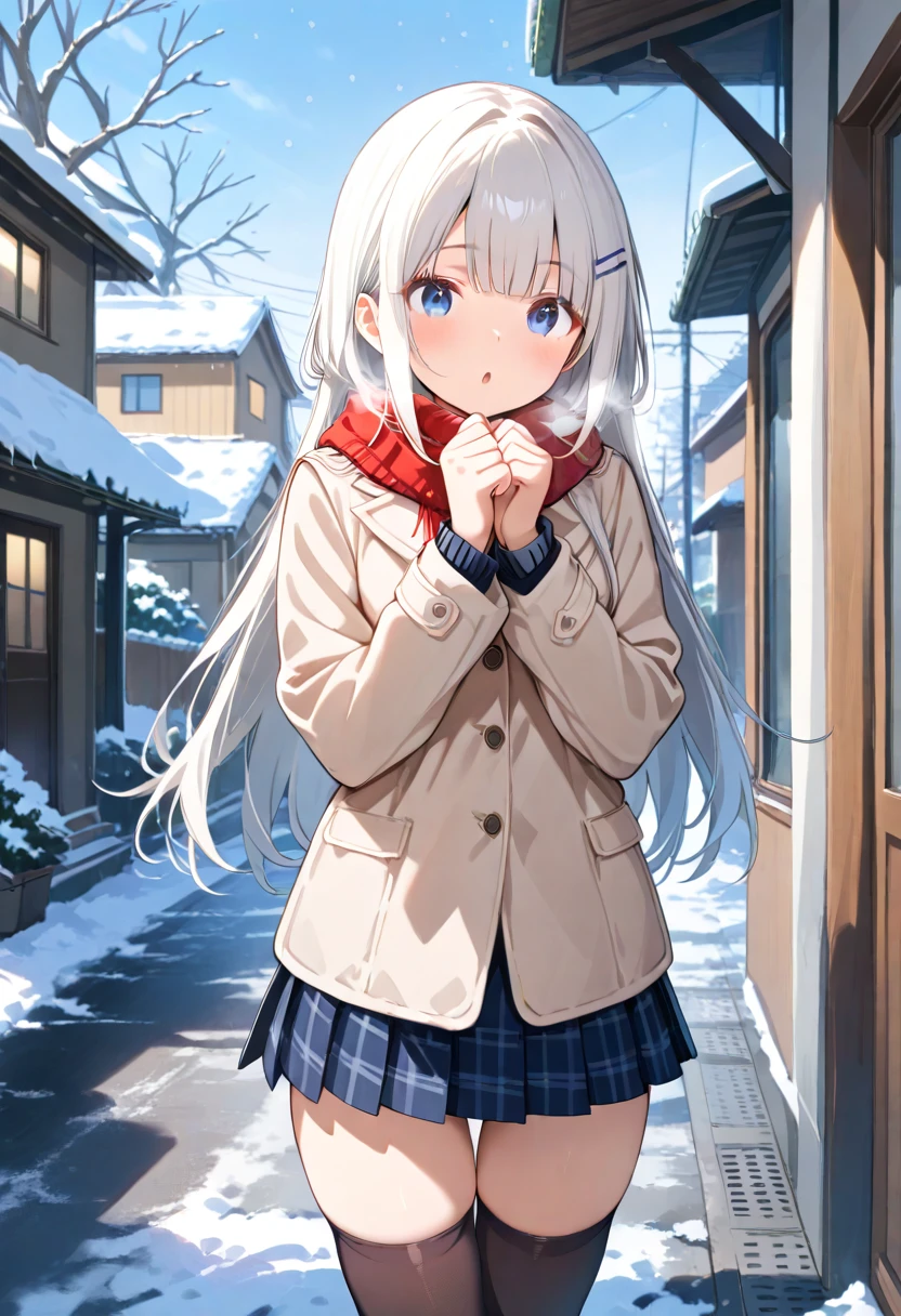 1girl, skirt, solo, long hair, brown coat, winter coat, red scarf, snow, snowing, breath, pleated skirt, outdoors, blush, blue eyes, long sleeves, tree, bangs, plaid skirt, bare tree, parted lips, cowboy shot, silver hair, eyebrows visible through hair, standing, winter, black skirt, hands up, building, black thighhighs, white hair, very long hair, sidelocks, :o, blue skirt, buttons, house, road, street, hand up, blunt bangs, open mouth, window, sky, cold, own hands together, straight hair, thigh gap, winter clothes, hairpin,
masterpiece, high score, great score, absurdres, safe,