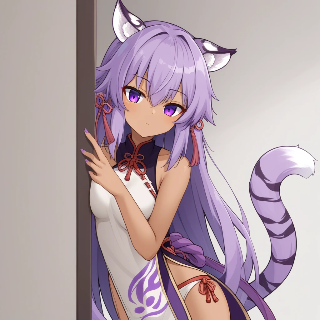 underwear, dark-skinned female, fox tail, purple eyes, medium breasts, sleeveless, ribbon, !, tiger ears