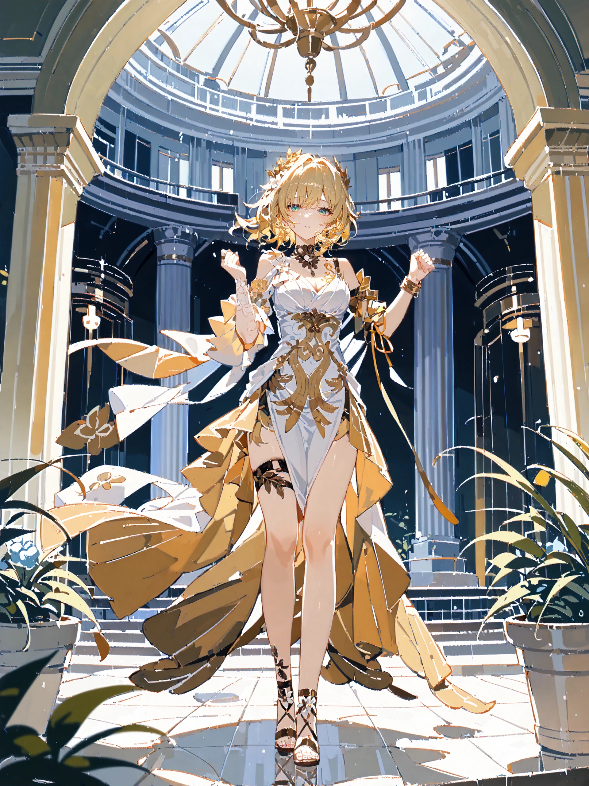 score_9, score_8_up, score_7_up, source_anime, ray tracing, best quality, <lora:Style-Expressive_H-pony:0.8:hr=0.4>, <lora:Char-HonkaiSR-Aglaea-V1-Pony:0.9:hr=0.6>, 1girl, solo, aglaea \(honkai: star rail\), hair flower, laurel crown, peplos, thigh strap, bracelet, detached sleeves, single lace glove, gold choker, breast tattoo, gladiator sandals, floating hair, looking at viewer, standing, imminent kiss, w arms, clenched hands, embarrassed, parted lips, greco-roman architecture, plants, flower, scenery, backlighting