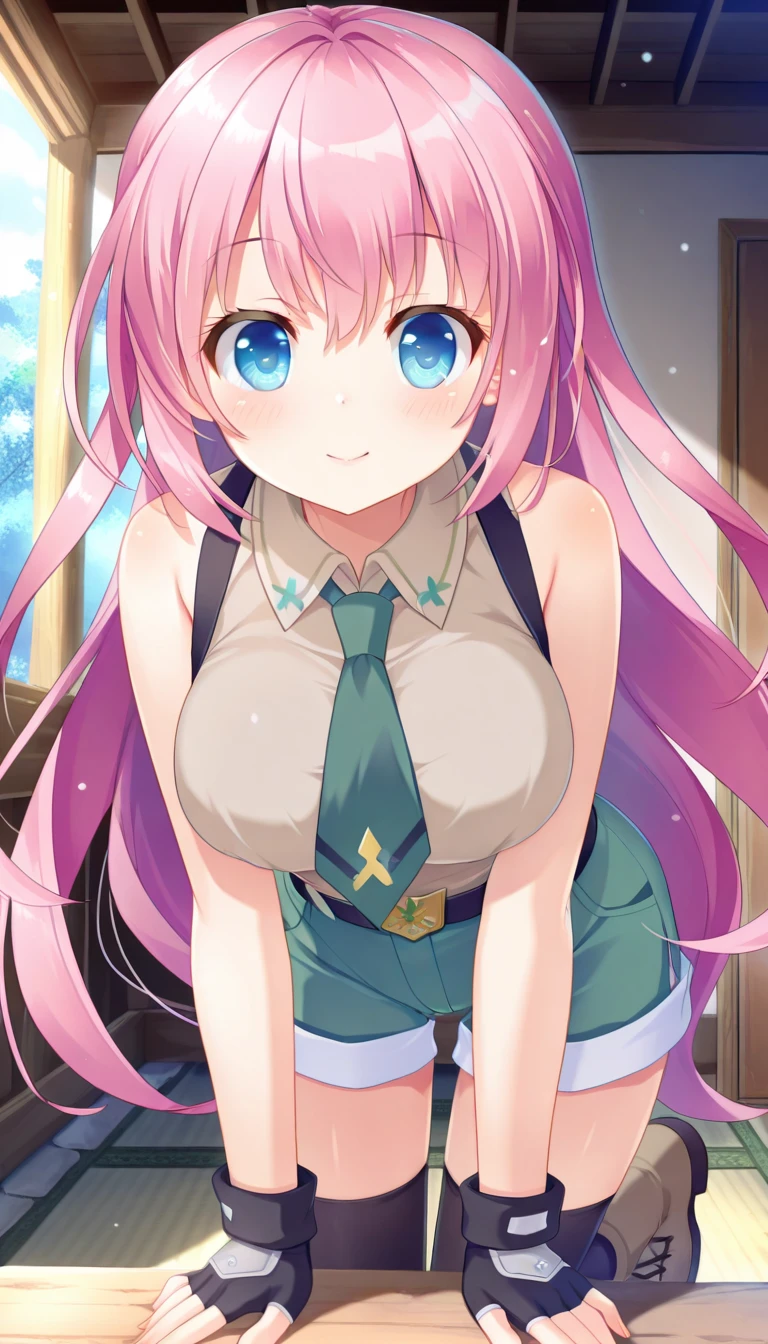 (masterpiece),best quality,amazing quality,very aesthetic,absurdres,newest,perfect body,shiny skin,perfect eyes,detail1eye,well-defined fingers,well-defined fingernails,anime style,indoors,1girl,solo,upper body,(portrait:1.5),looking at viewer,facing viewer,smile,blush,Ameto Yuki style,Novice female,Novice female uniform,very long hair,pink hair,floating hair,bangs,blue eyes,collared shirt,sleeveless shirt,beige shirt,large breasts,dark green necktie,bare arms,fingerless gloves,black belt,suspender shorts,green shorts,short shorts,shorts rolled up,zettai ryouiki,black thighhighs,boots,<lora:TNT-Novice female(tnt)-Illus:1.2>,<lora:Ameto Yuki[style]-Illus:1.6>,