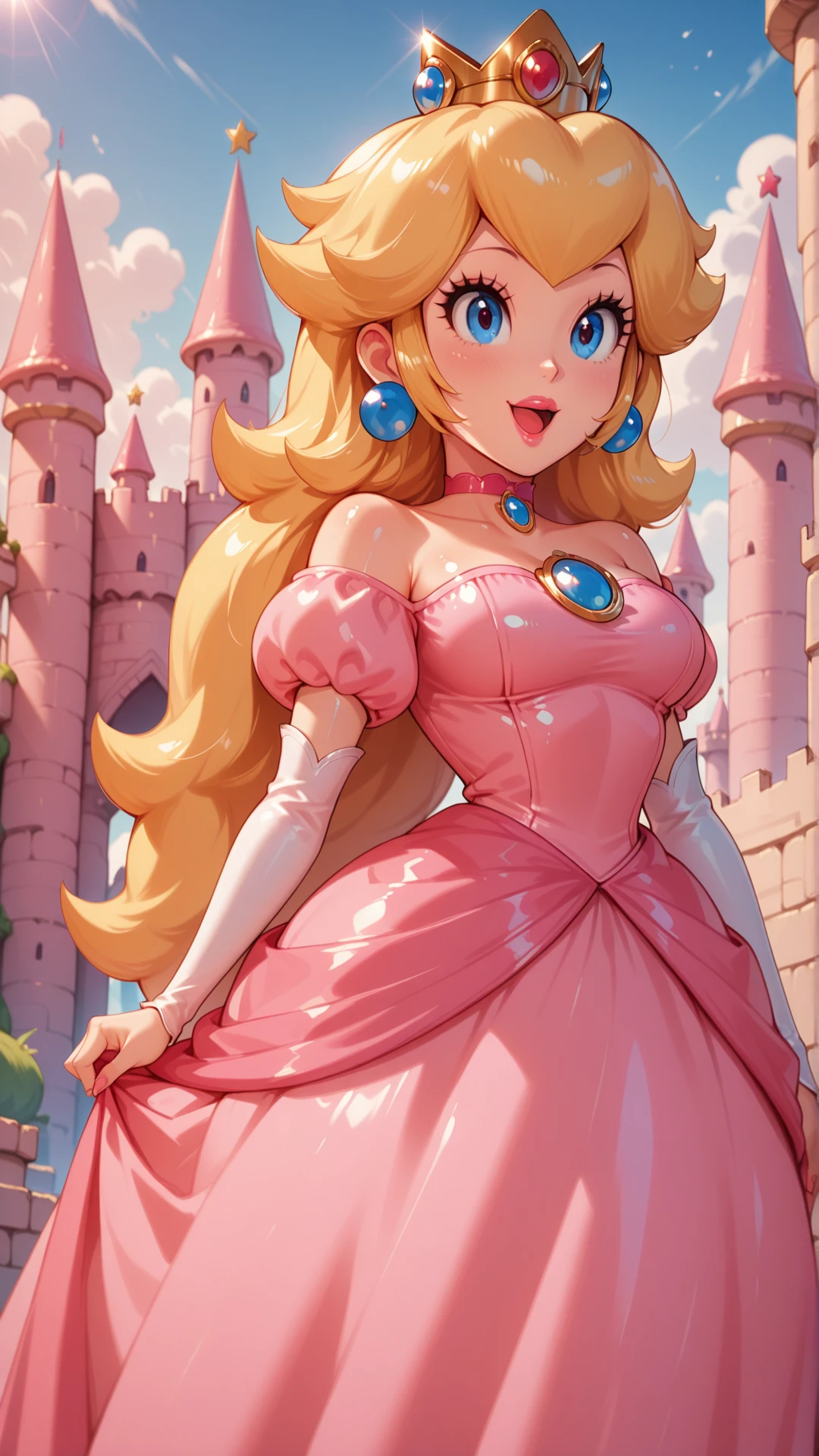<lora:Princess_Peach_Shiny_Style_V3.0_Illustrious:0.7>,princess peach,1girl,solo,jewelry,earrings,long hair,breasts,very long hair,big hair,choker,dress,medium breasts,bare shoulders,:d,outdoors,smile,open mouth,shiny,shiny skin,castle,