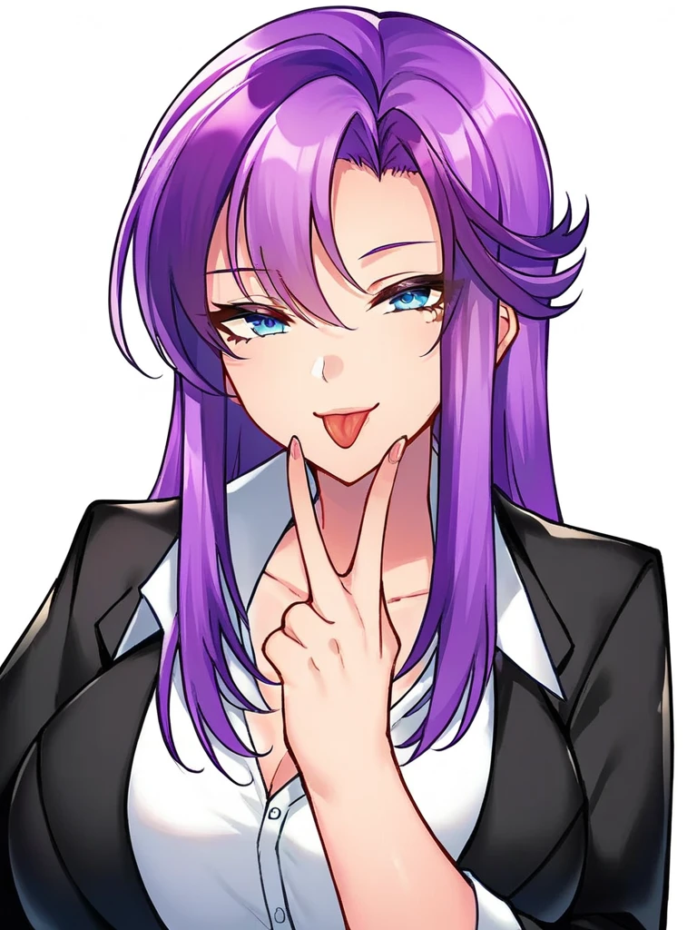 score_9, score_8_up, score_7_up,  
1girl, suzakuin ayaka, blue eyes, long hair, asymmetrical hair, purple hair, large breasts,


upper body, white background,
formal, black jacket, white shirt, 
looking at viewer, narrowed eyes, smile, closed mouth, tongue out, v over mouth, cunnilingus gesture, solo,