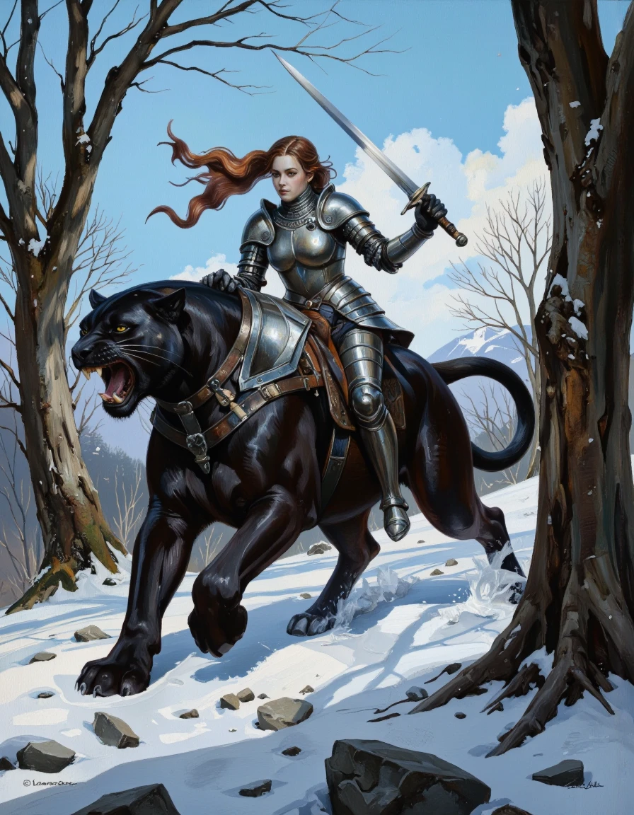 A dramatic, dark fantasy scene featuring a fierce female knight in full armor riding a roaring black panther, wielding a sword. the background is filled with trees, snow and a clear blue skye.