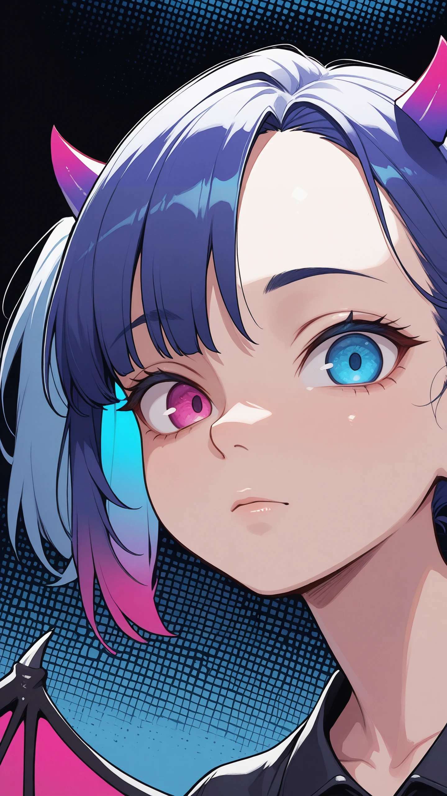 masterpiece,best quality,amazing quality,very aesthetic,absurdres,newest,detailed eyes, Monochromatic Colors,
1girl, face, portrait, Bat-wings, tiny horns, asymmetrical bangs, bangs fall into eye, side ponytail,
face focus, upper body view, dynamic angle, flying, looking at viewer,
black background, halftone background,