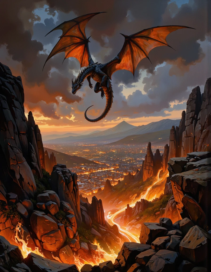 A fantasy theme from a bird's eye view about a dragon flying over a fiery landscape during a storm. the image also shows dramatic lighting and a dramatic atmosphere. in the background, a rocky landscape stretches out, with a cityscape lit up at night below. the cityscape is filled with glowing lights. the scene is set in a mountainous area, with the dramatic lighting casting a warm glow on the surrounding landscape.
